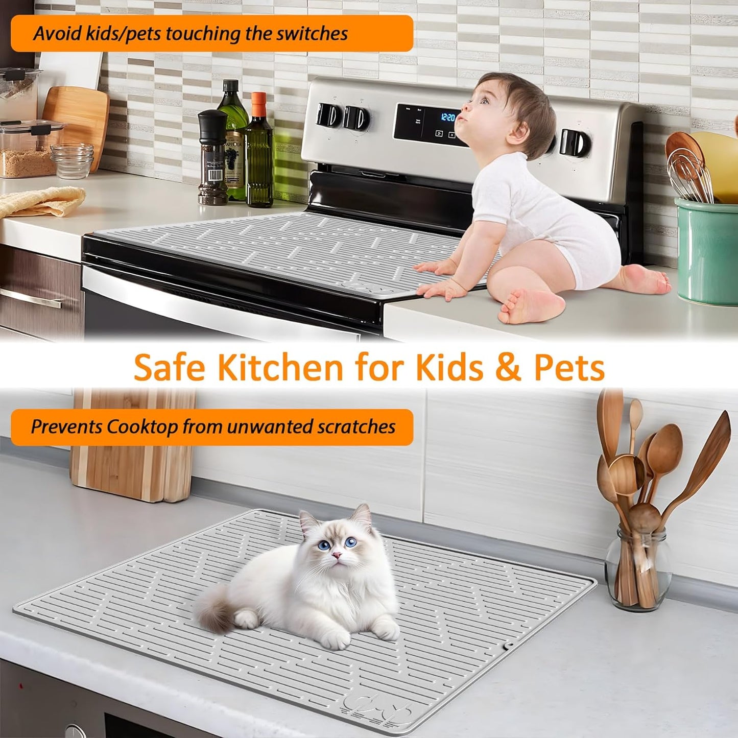 28X20'' Silicone Stove Top Cover for Electric Stove - Grey Color, Ideal for Glass Top Stove, RV Cooktop, and Kitchen Countertop