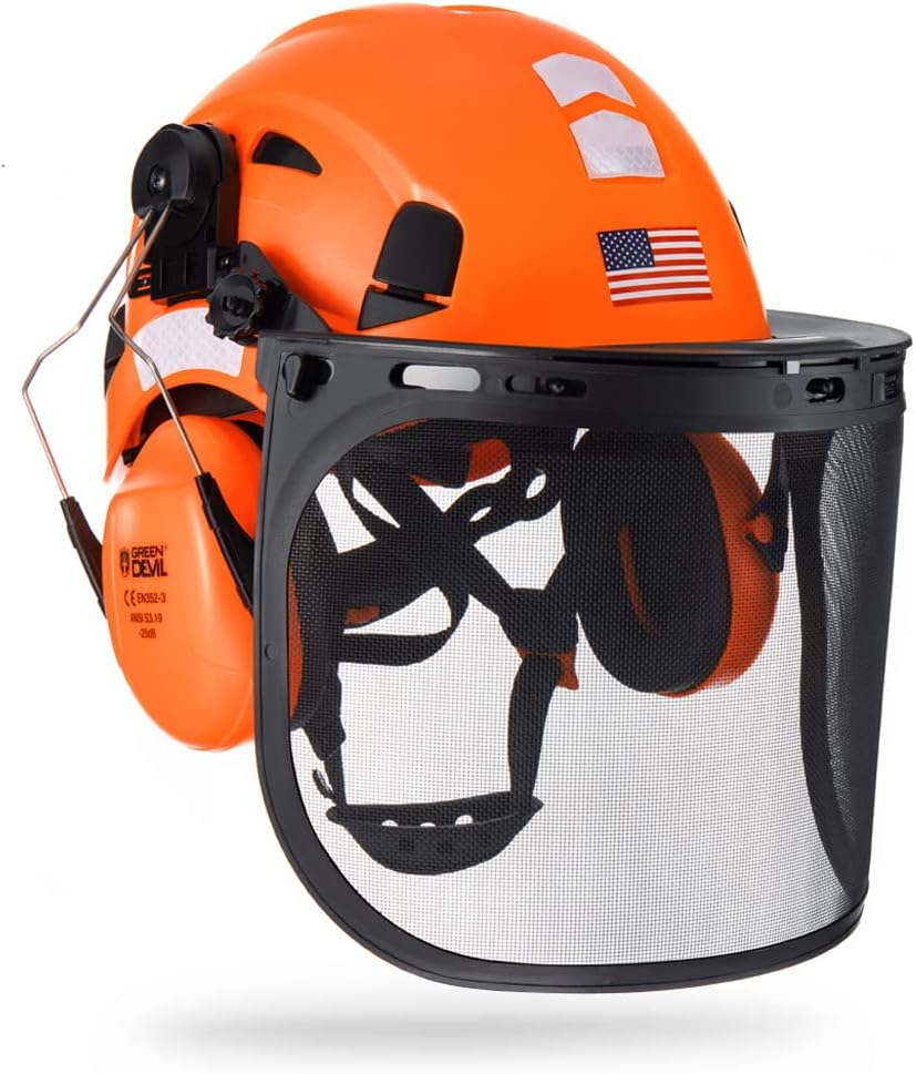 3-in-1 Forestry Safety Helmet with Chainsaw Protection, Mesh Face Shield, and Ear Muffs - Green Devil Hard Hat