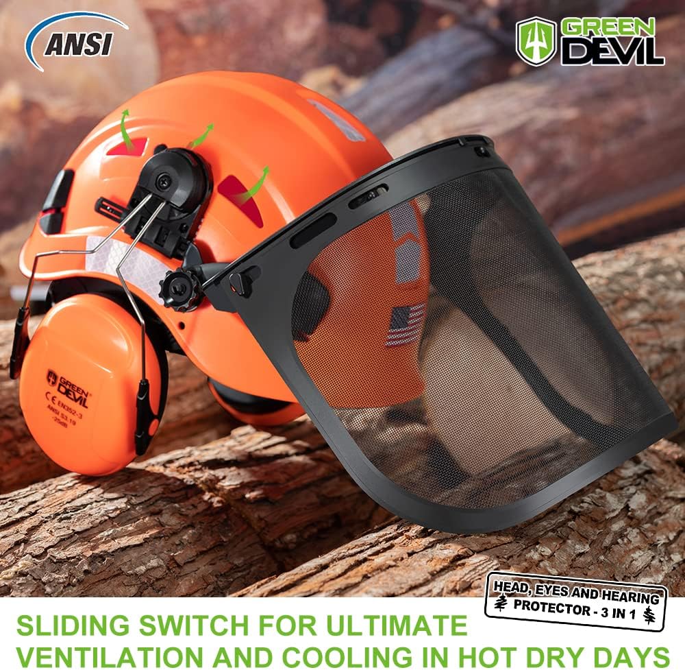 3-in-1 Forestry Safety Helmet with Chainsaw Protection, Mesh Face Shield, and Ear Muffs - Green Devil Hard Hat