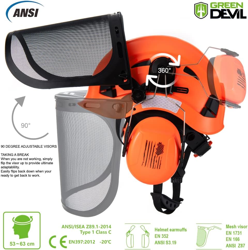 3-in-1 Forestry Safety Helmet with Chainsaw Protection, Mesh Face Shield, and Ear Muffs - Green Devil Hard Hat