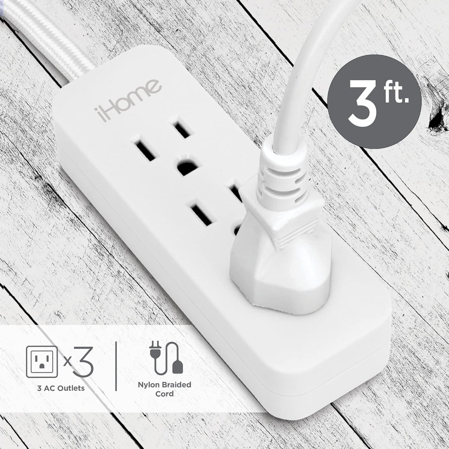 3 Outlet Power Strip with 3ft Nylon Braided Cord, Flat Plug - Ideal for Kitchen & Furniture - Heavy-Duty Surge Protector