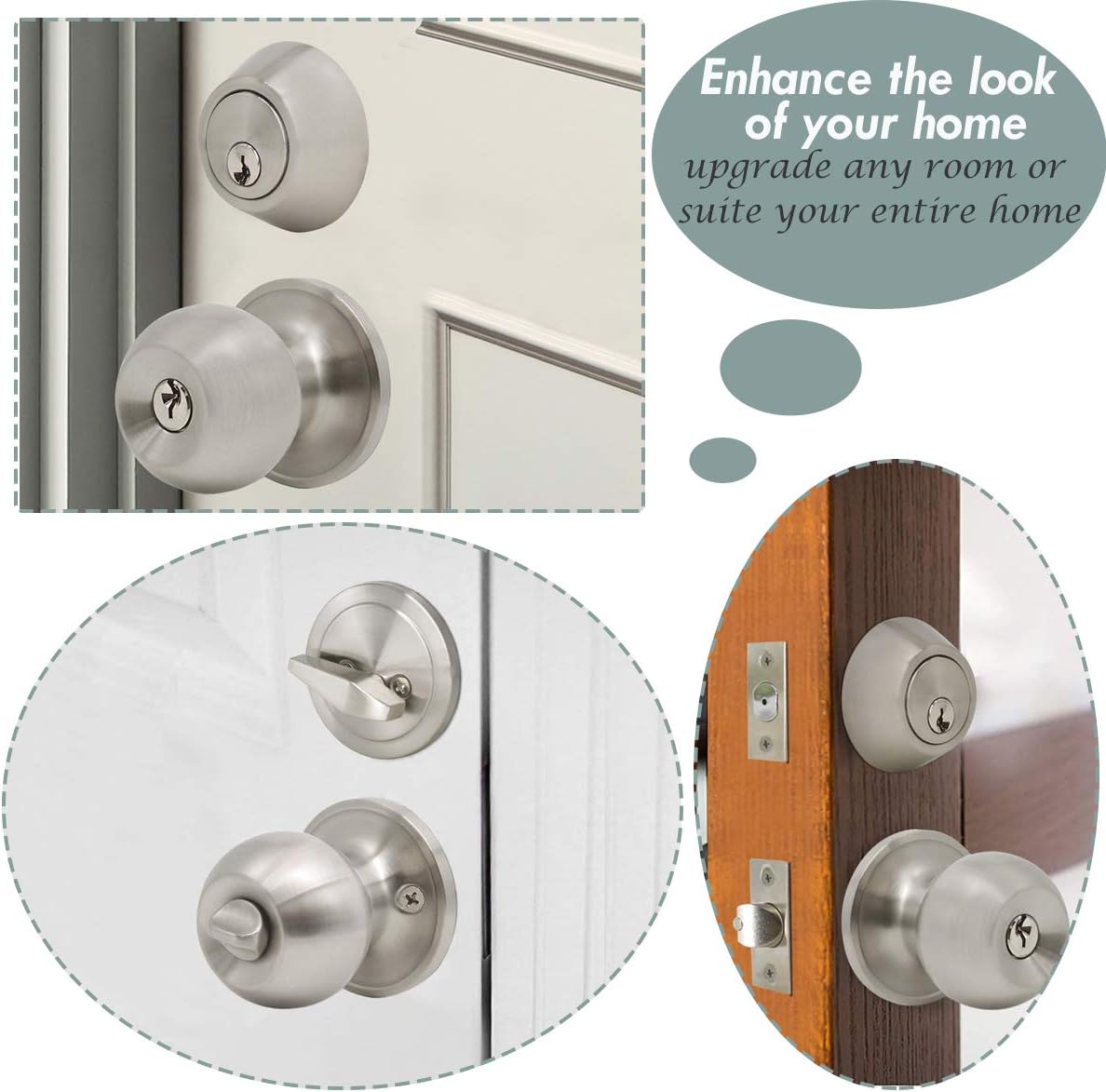 3 Pack Keyed Alike Entry Door Knobs and Deadbolt Lock Combo Set - Security for Front Door - Satin Nickel Finish