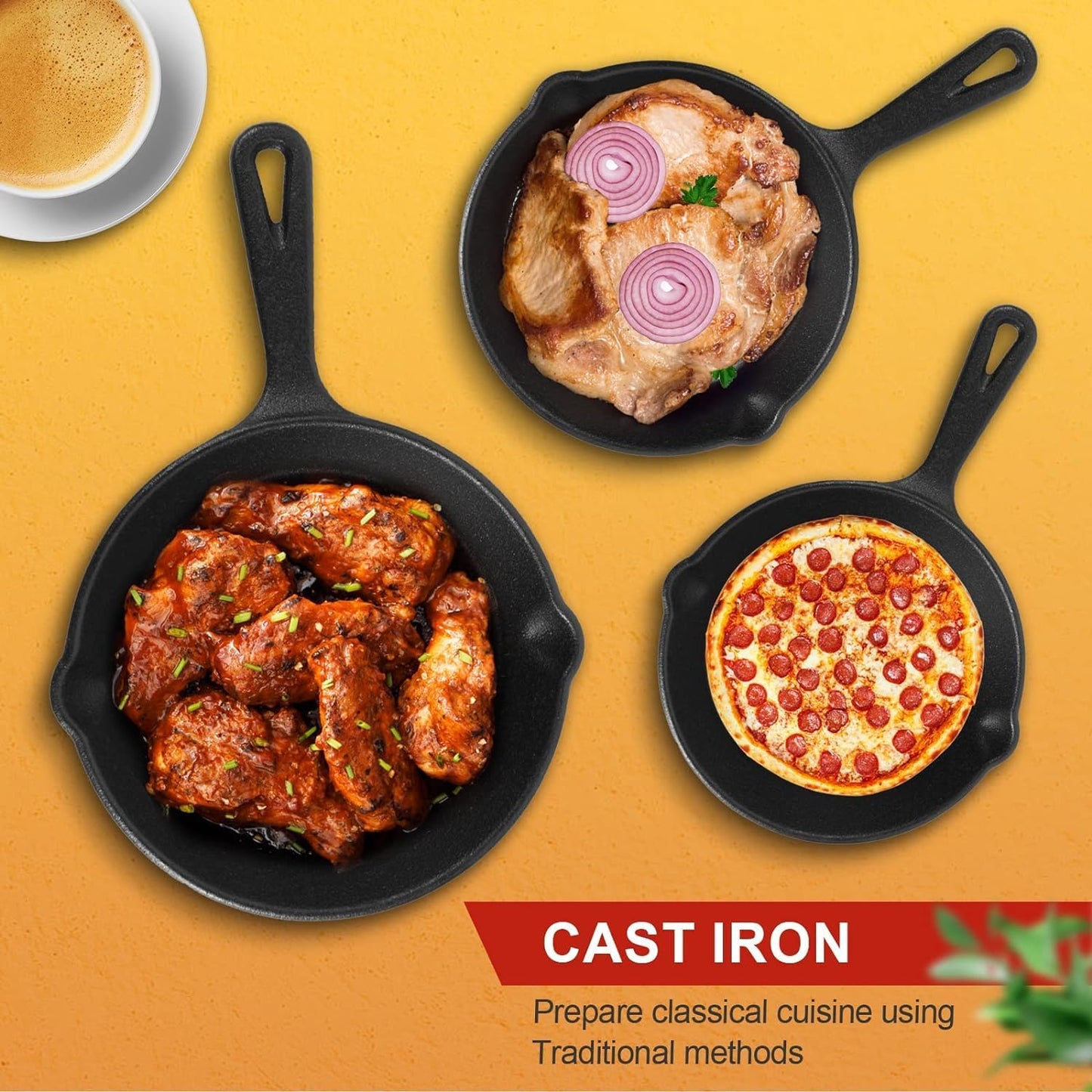 3-Piece Cast Iron Skillet Set with Scraper and Sponge - 6", 8", and 10" Pans for Oven, Grill, and Stovetop Cooking