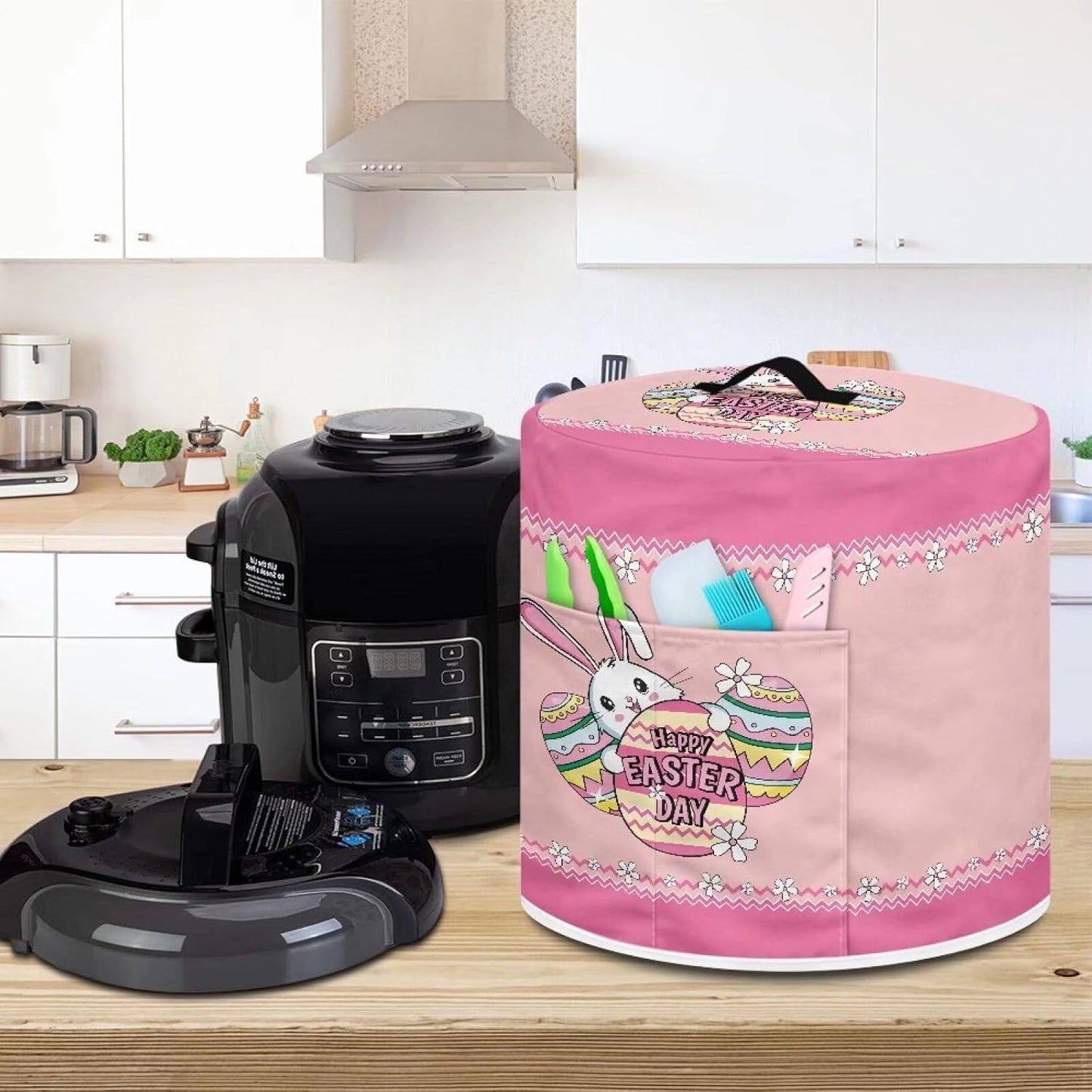 3 Quart Instant Pot & Air Fryer Cover - Happy Easter Day Decor Rabbit Design, Stain Resistant Dust Cover with Pockets for Electric Appliances