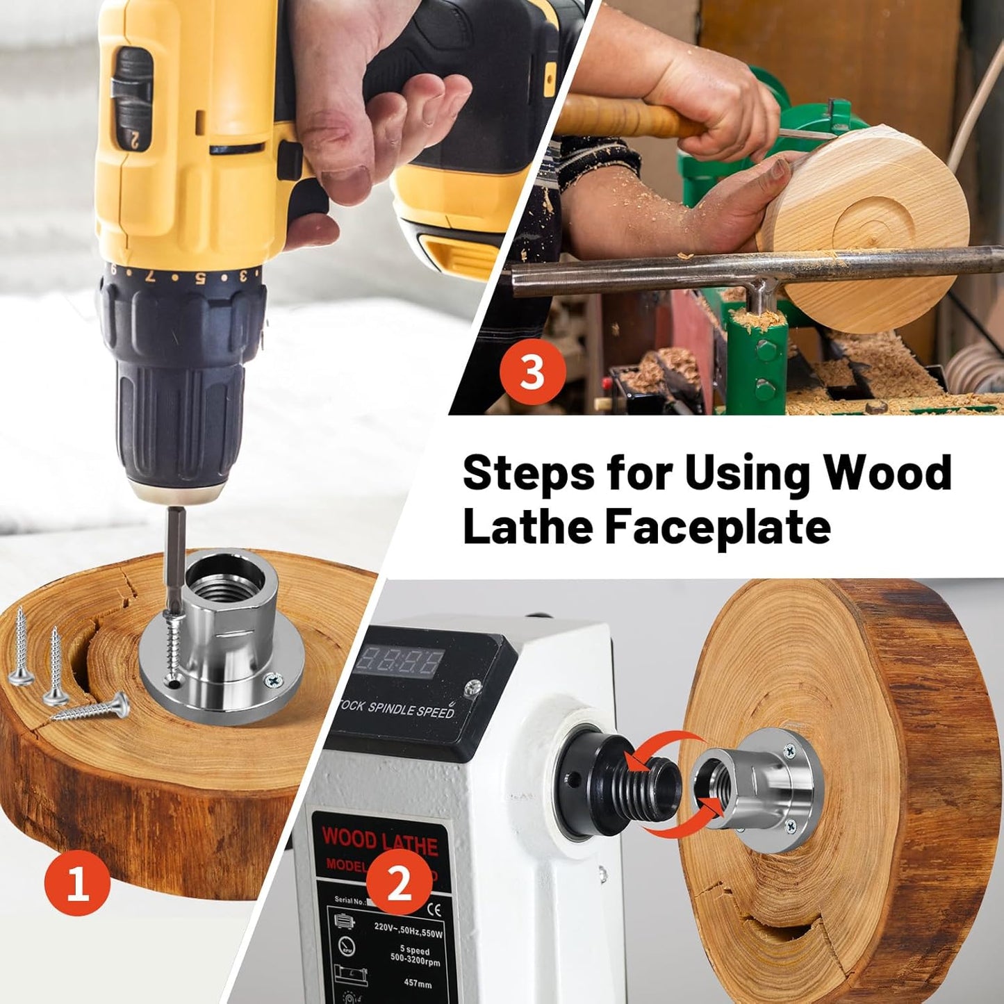 3" Steel Faceplate for Wood Lathe - Fits 1-1/4" x 8TPI Spindle - HAowosi Wood Lathe Face Plate with Screwchuck