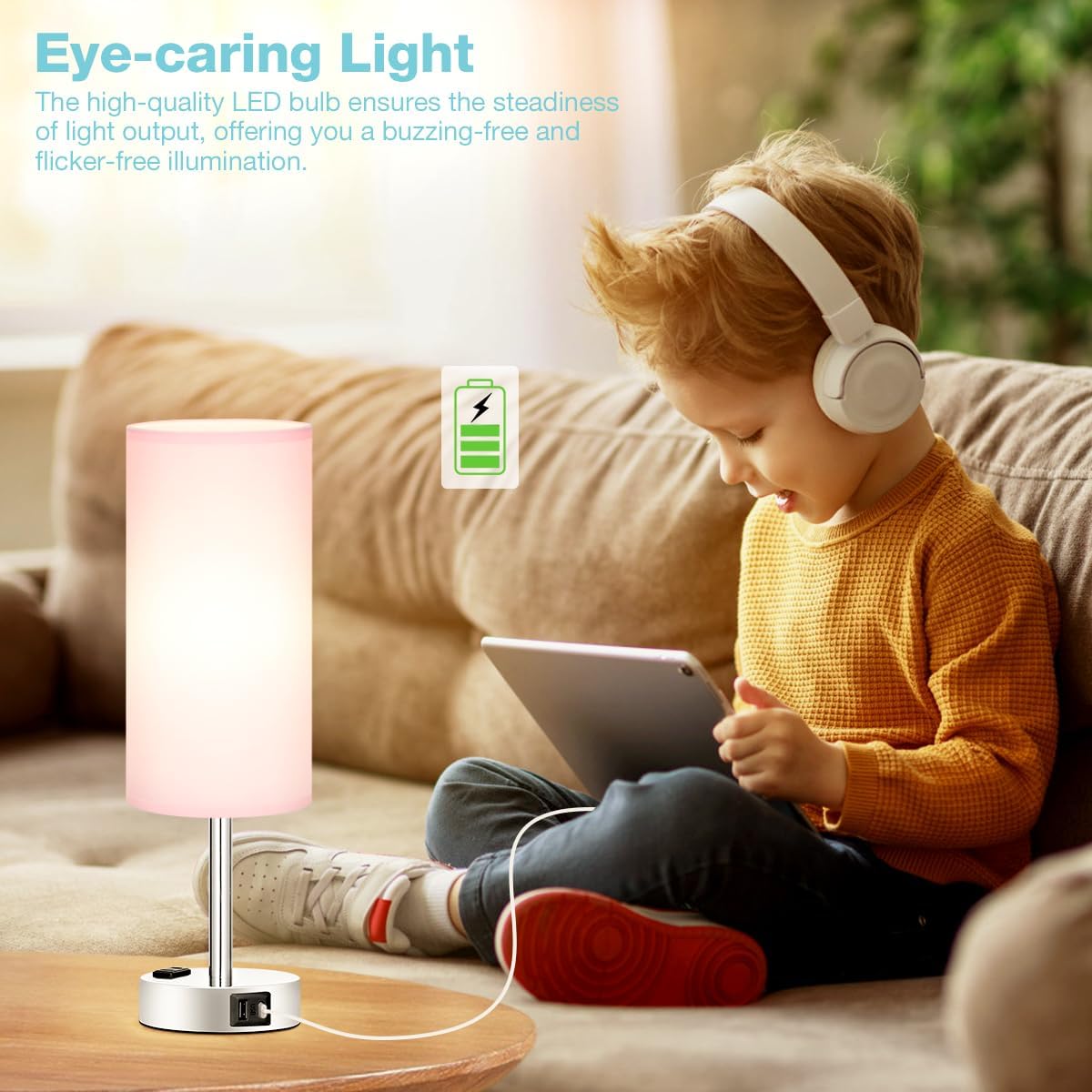 3-Way Dimmable Touch Table Lamp with USB C Charging Ports - Fenmzee Pink Lamp for Bedroom Nightstand, Small Desk Lamp for Girls Room with AC Outlet and LED Bulb
