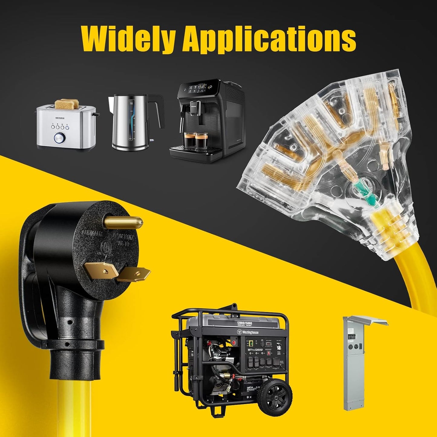 30 Amp RV Distribution Adapter Cord with LED Power Indicator - TT-30P Male to 3X 5-15R/5-20R T-Blade Female Household Outlets