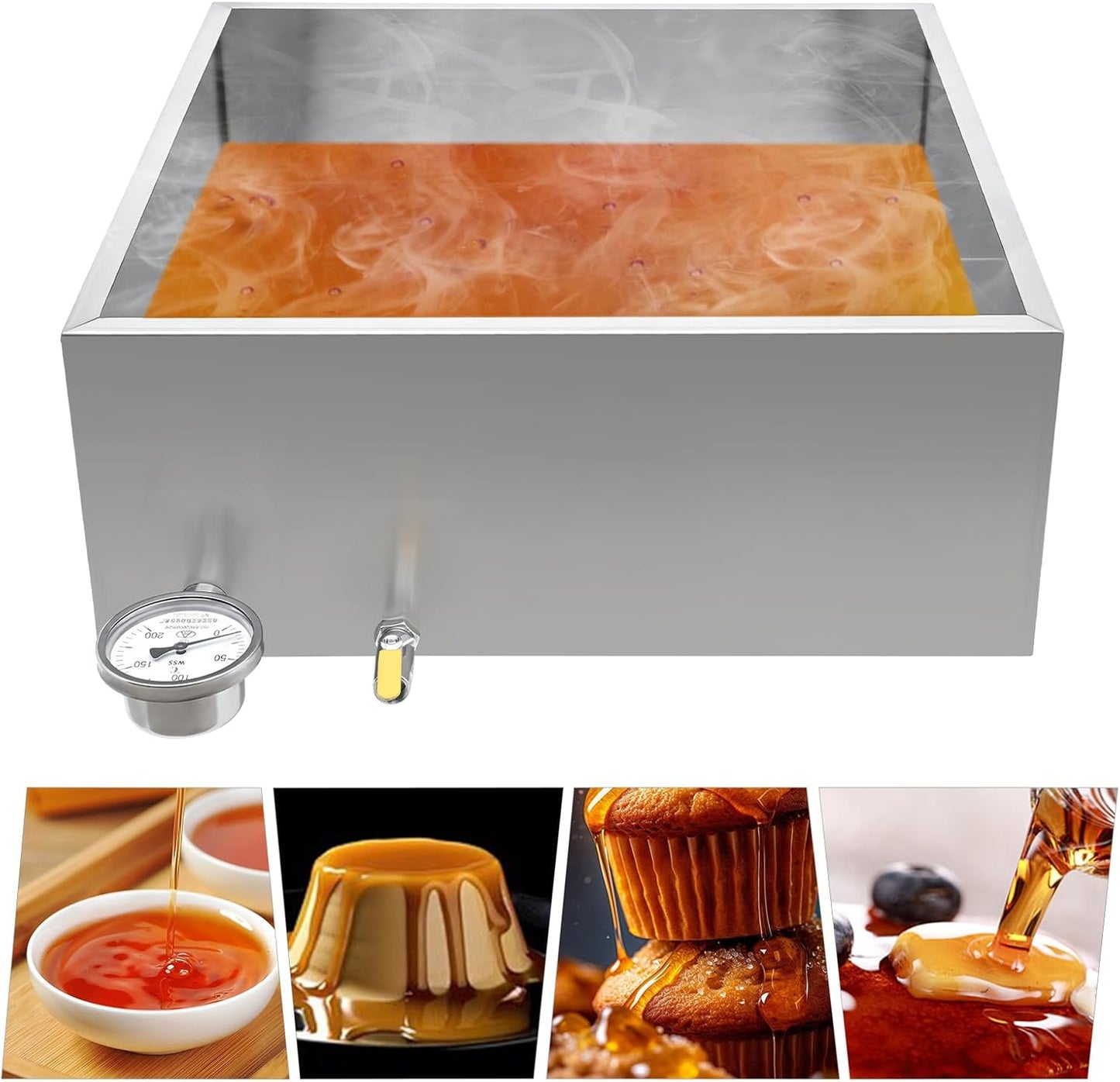 304 Stainless Steel Maple Syrup Evaporator Pan 24"x24"x9.5" with Valve and Thermometer - Steam Divided Boiling Pan for Maple Syrup Production