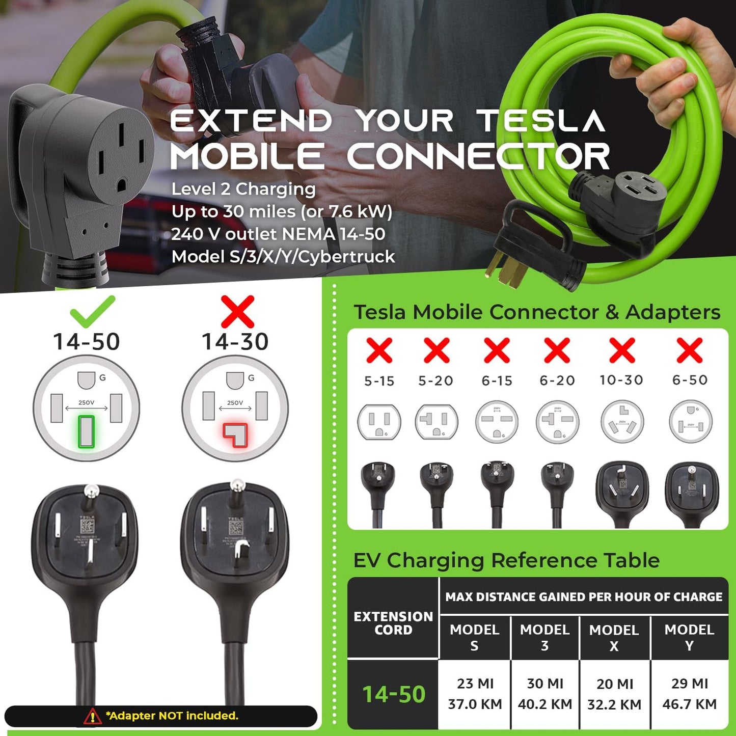 30ft GEARit 50-Amp RV & EV Extension Cord for Tesla Model 3/S/X/Y, NEMA 14-50P to 14-50R, Waterproof Charging Cable