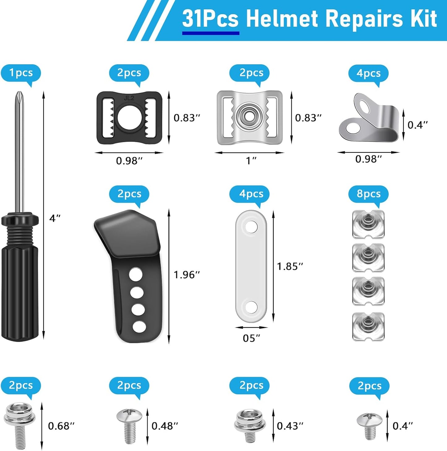 31-Piece Hockey Helmet Repair Kit with Visor Clips, Screws, Nuts, and Rubber Gaskets - Hardware Kit for Baseball and Softball Helmets