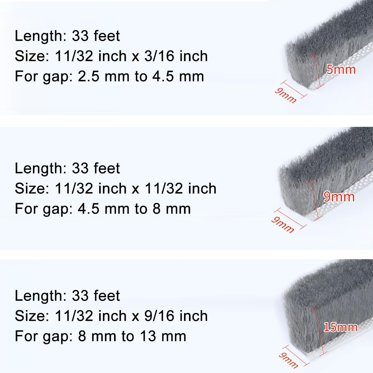 33 Ft Self Adhesive Brush Weather Stripping Seal Strip for Doors and Windows - Soundproof, Windproof, Dustproof - White - 11/32 x 3/16 inch Brush Size