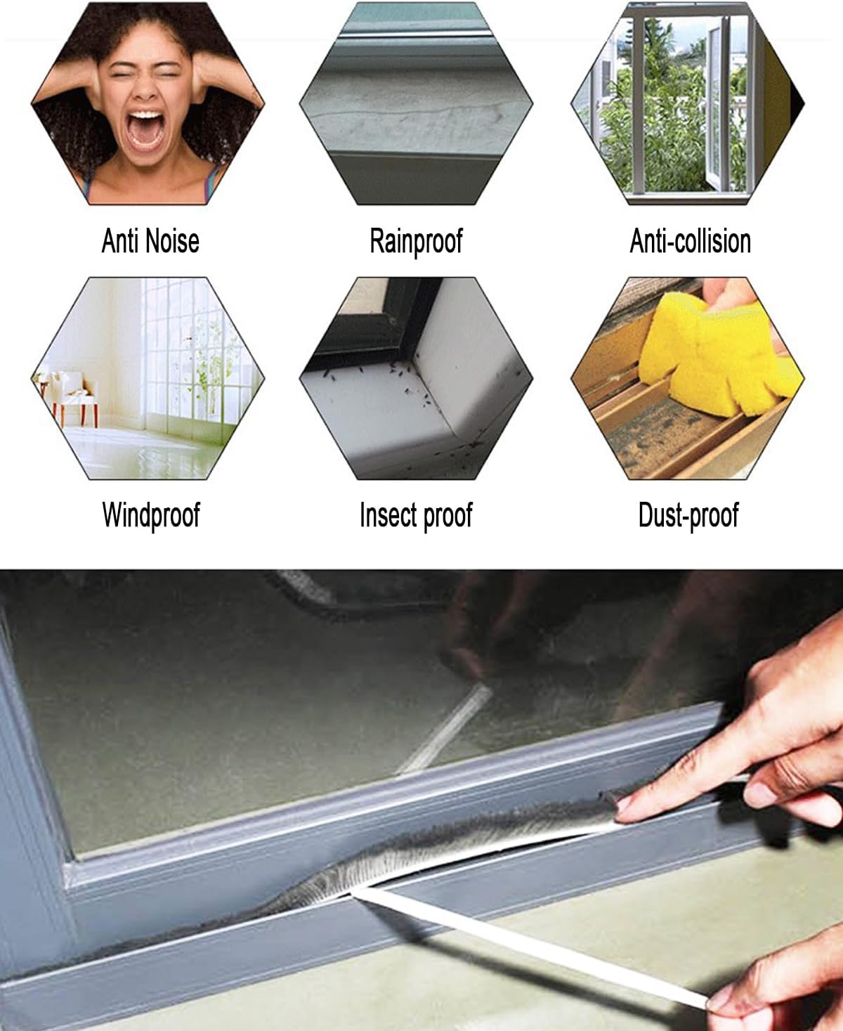 33 Ft Self Adhesive Brush Weather Stripping Seal Strip for Doors and Windows - Soundproof, Windproof, Dustproof - White - 11/32 x 3/16 inch Brush Size