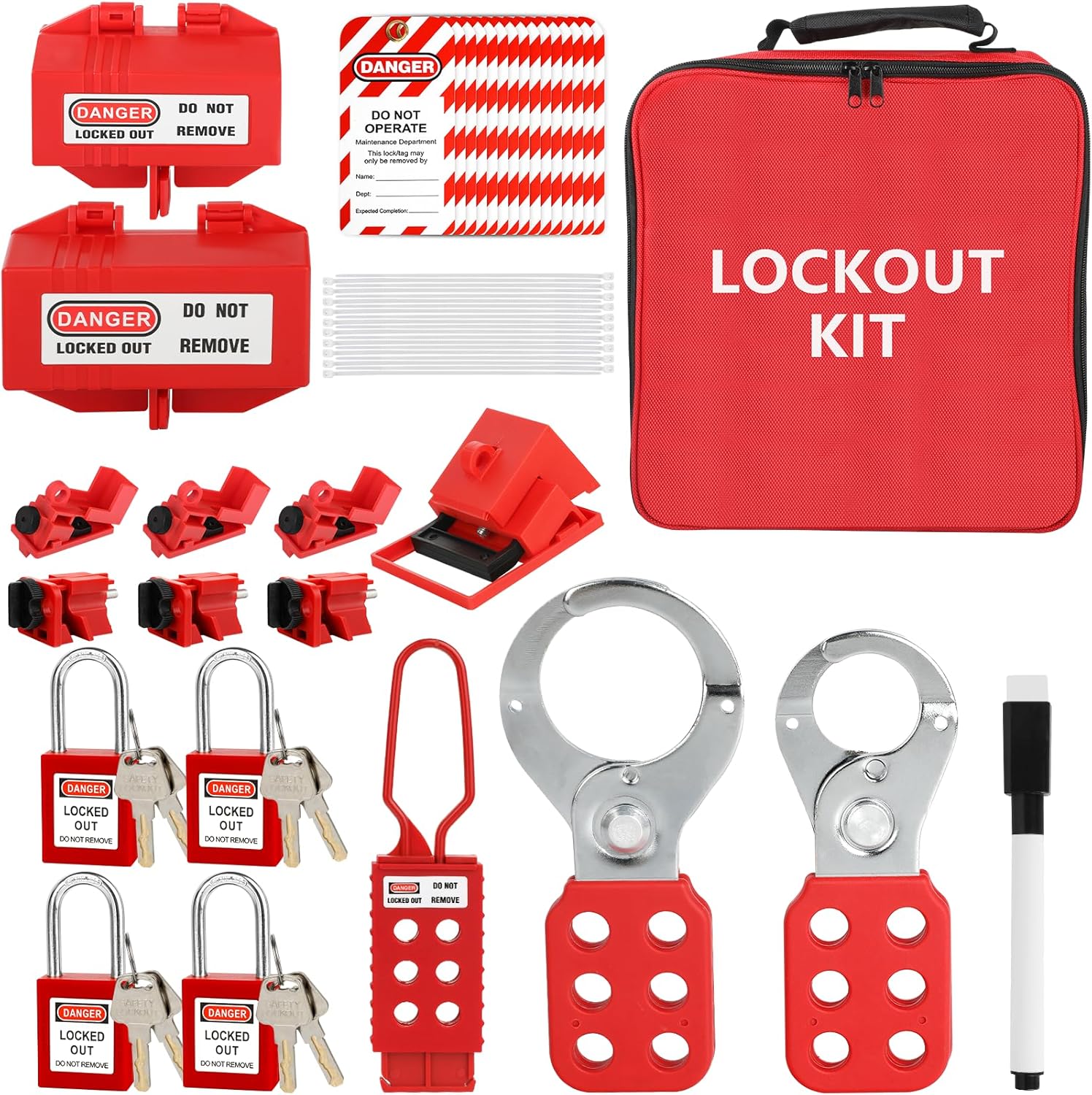 33-Piece Electrical Lockout Tagout Kit with Safety Padlocks, Circuit Breaker Lockout, Group Lockout Hasps, and Carrying Bag