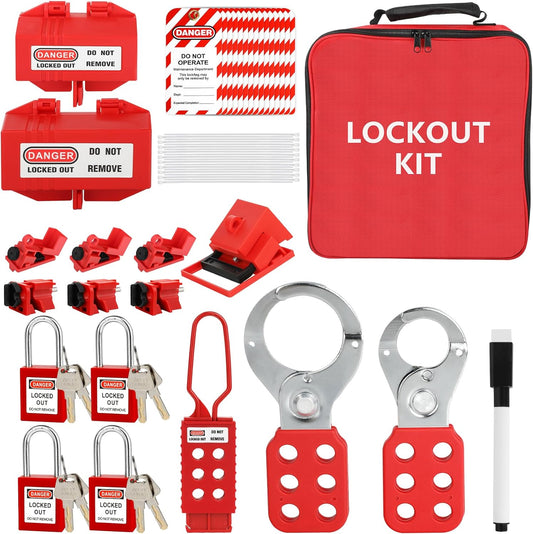 33-Piece Electrical Lockout Tagout Kit with Safety Padlocks, Circuit Breaker Lockout, Group Lockout Hasps, and Carrying Bag