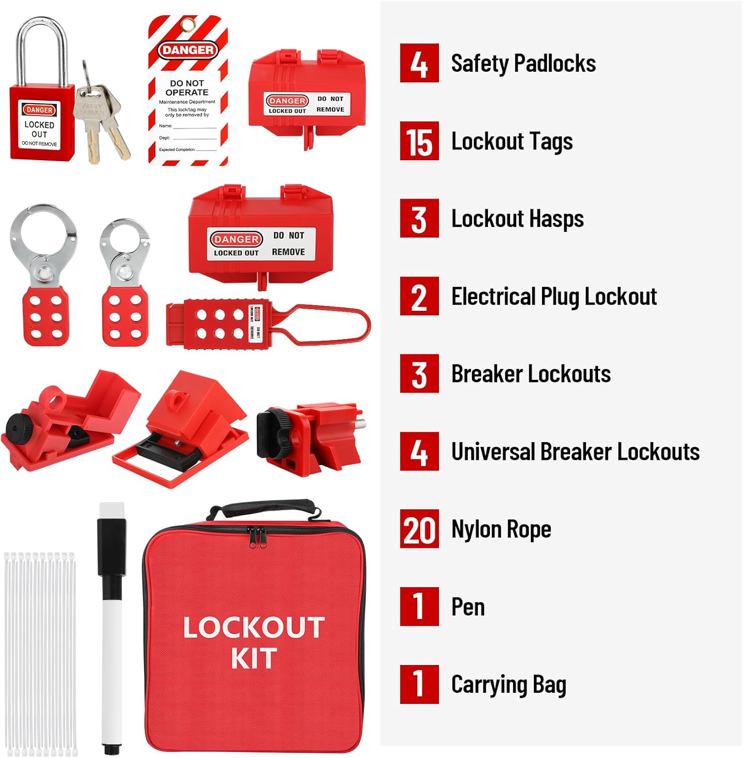 33-Piece Electrical Lockout Tagout Kit with Safety Padlocks, Circuit Breaker Lockout, Group Lockout Hasps, and Carrying Bag