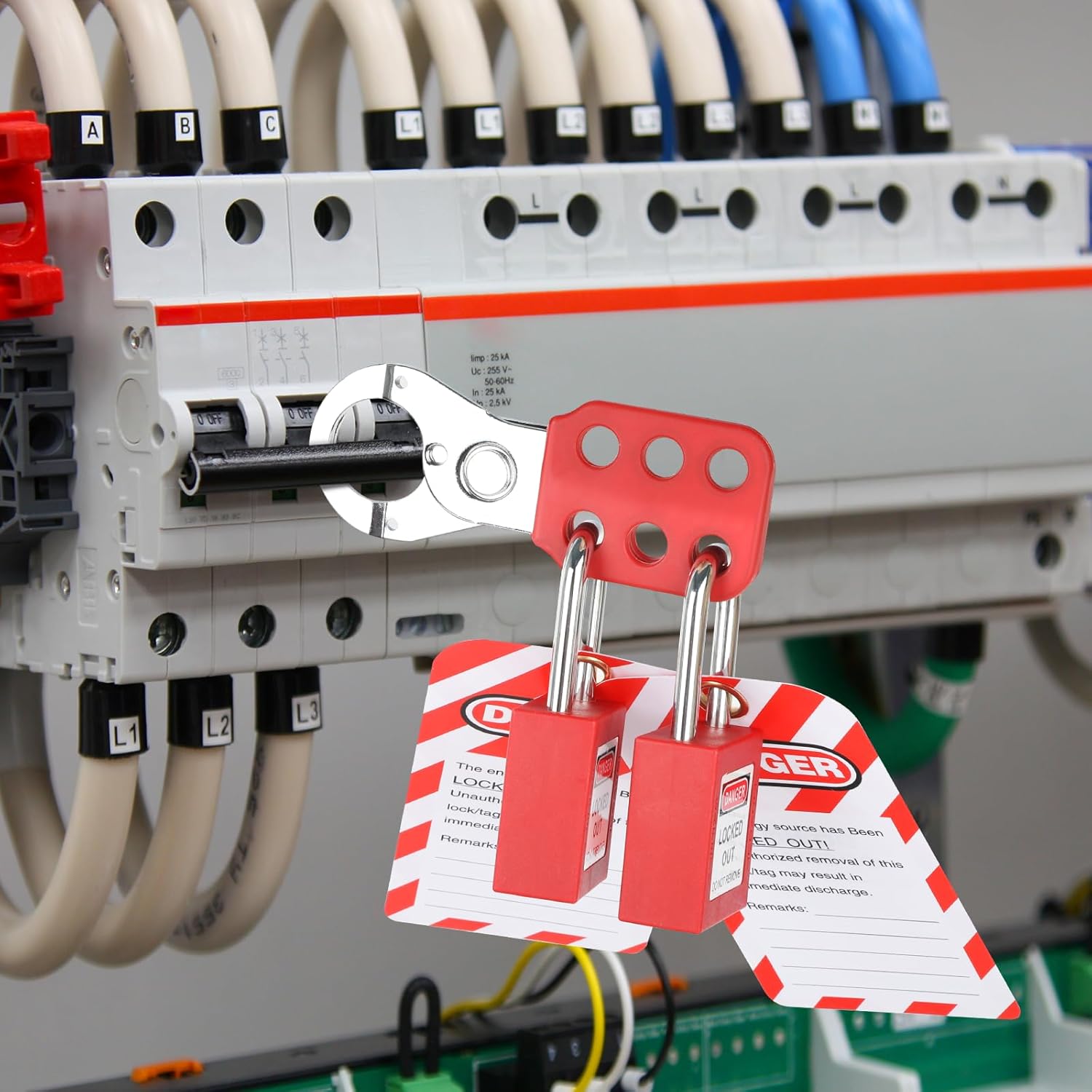 33-Piece Electrical Lockout Tagout Kit with Safety Padlocks, Circuit Breaker Lockout, Group Lockout Hasps, and Carrying Bag