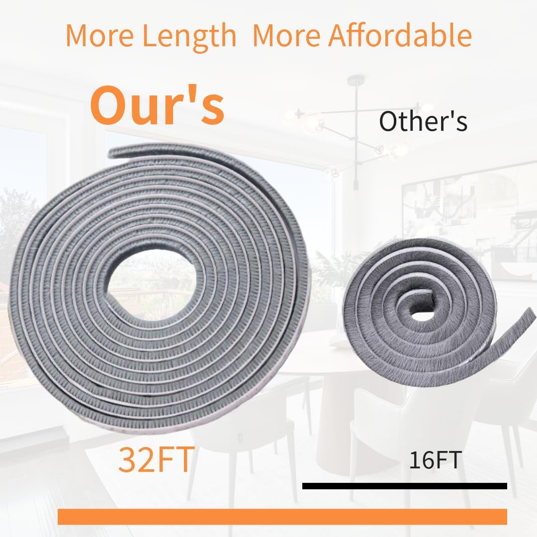 33ft Self Adhesive Door Brush Weather Stripping Seal Strip for Sliding Windows & Exterior Doors - Soundproof Draft Stopper (Black, 0.35'' x 0.2'')