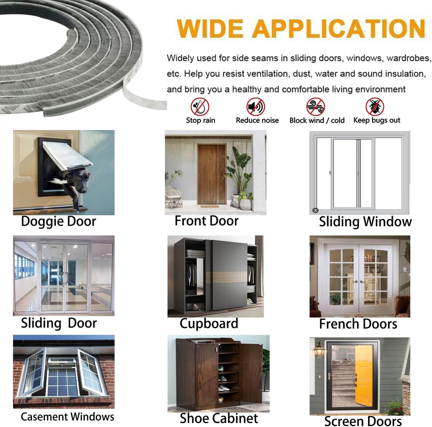 33ft Self Adhesive Door Brush Weather Stripping Seal Strip for Sliding Windows & Exterior Doors - Soundproof Draft Stopper (Black, 0.35'' x 0.2'')