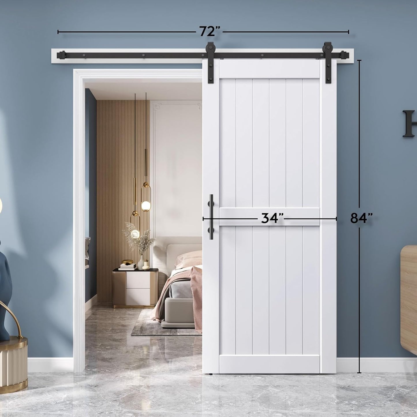34in x 84in Sliding Barn Door & 6FT Hardware Track Kit - Water-Proof Solid Wood, DIY Easy Install - White