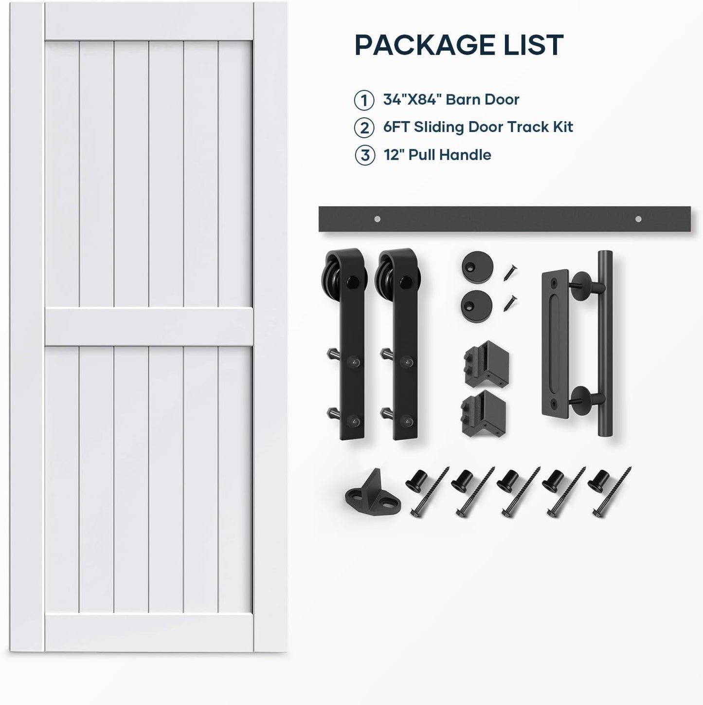 34in x 84in Sliding Barn Door & 6FT Hardware Track Kit - Water-Proof Solid Wood, DIY Easy Install - White