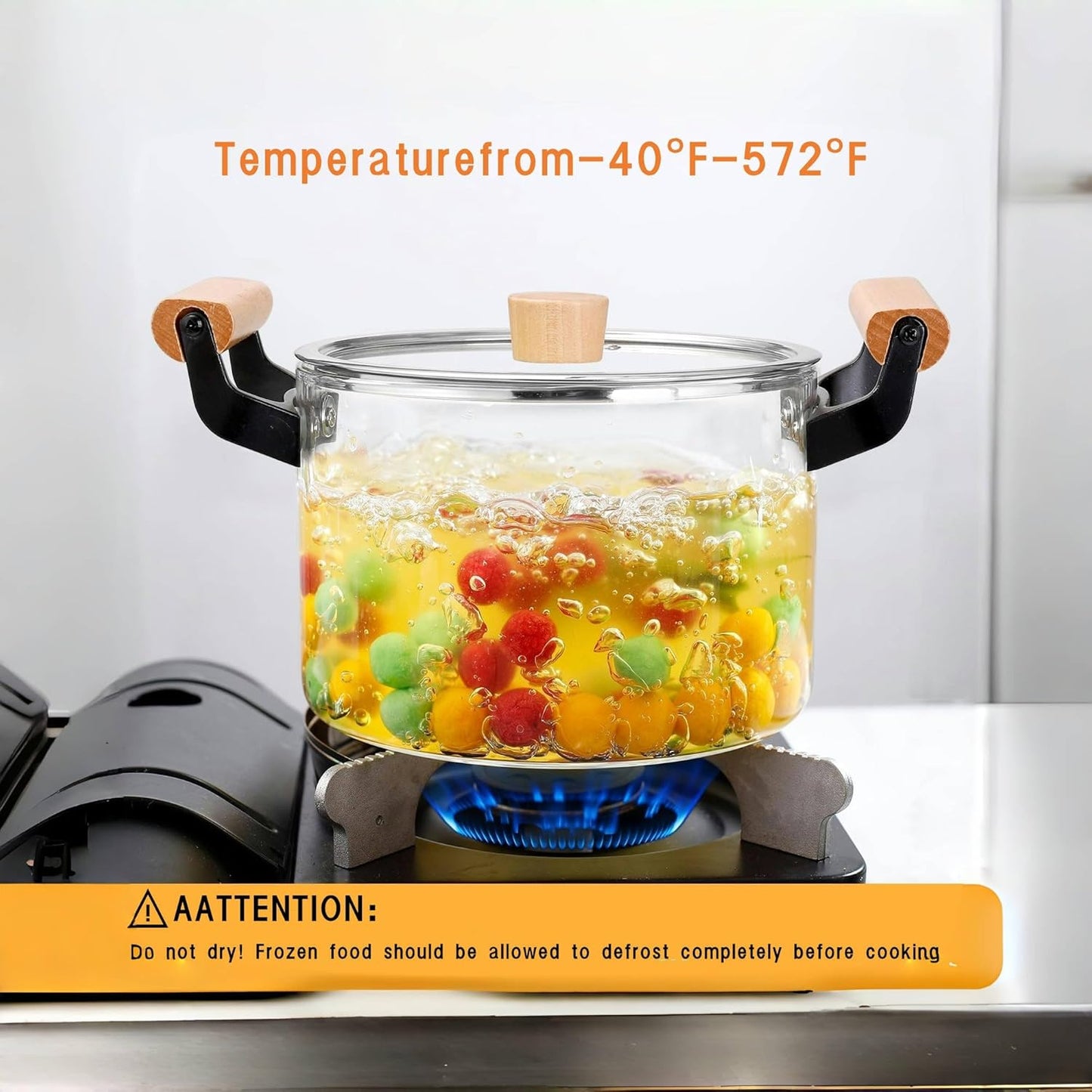 3.5L Clear Glass Cooking Pot with Wooden Handle and Lid for Stove - Large Simmer and Frying Pot