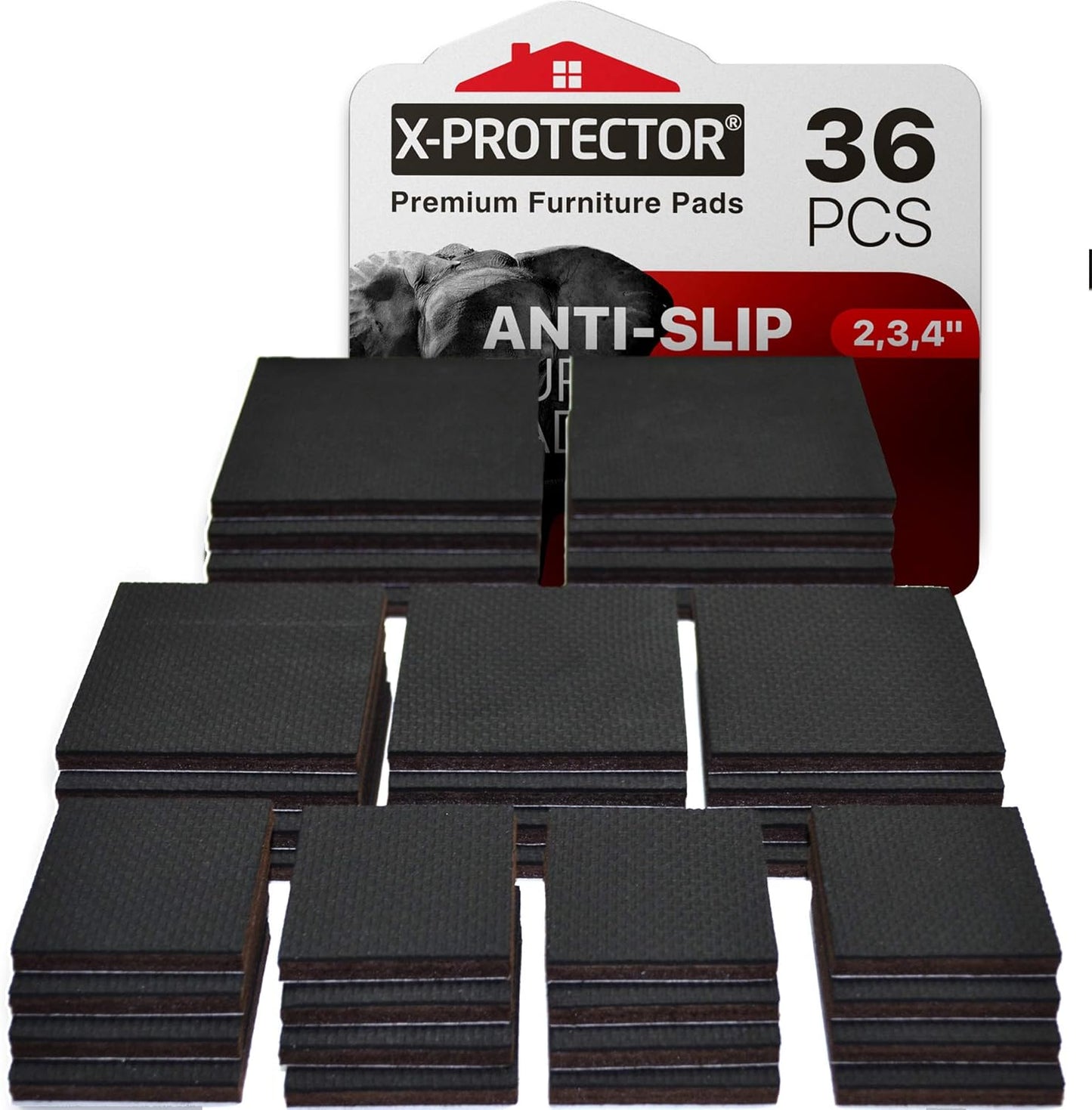 36-Pack X-PROTECTOR Non-Slip Furniture Pads - Self-Adhesive Rubber Grippers for Furniture Feet - Non-Skid Floor Protectors - 16 2", 12 3", 8 4" Pads