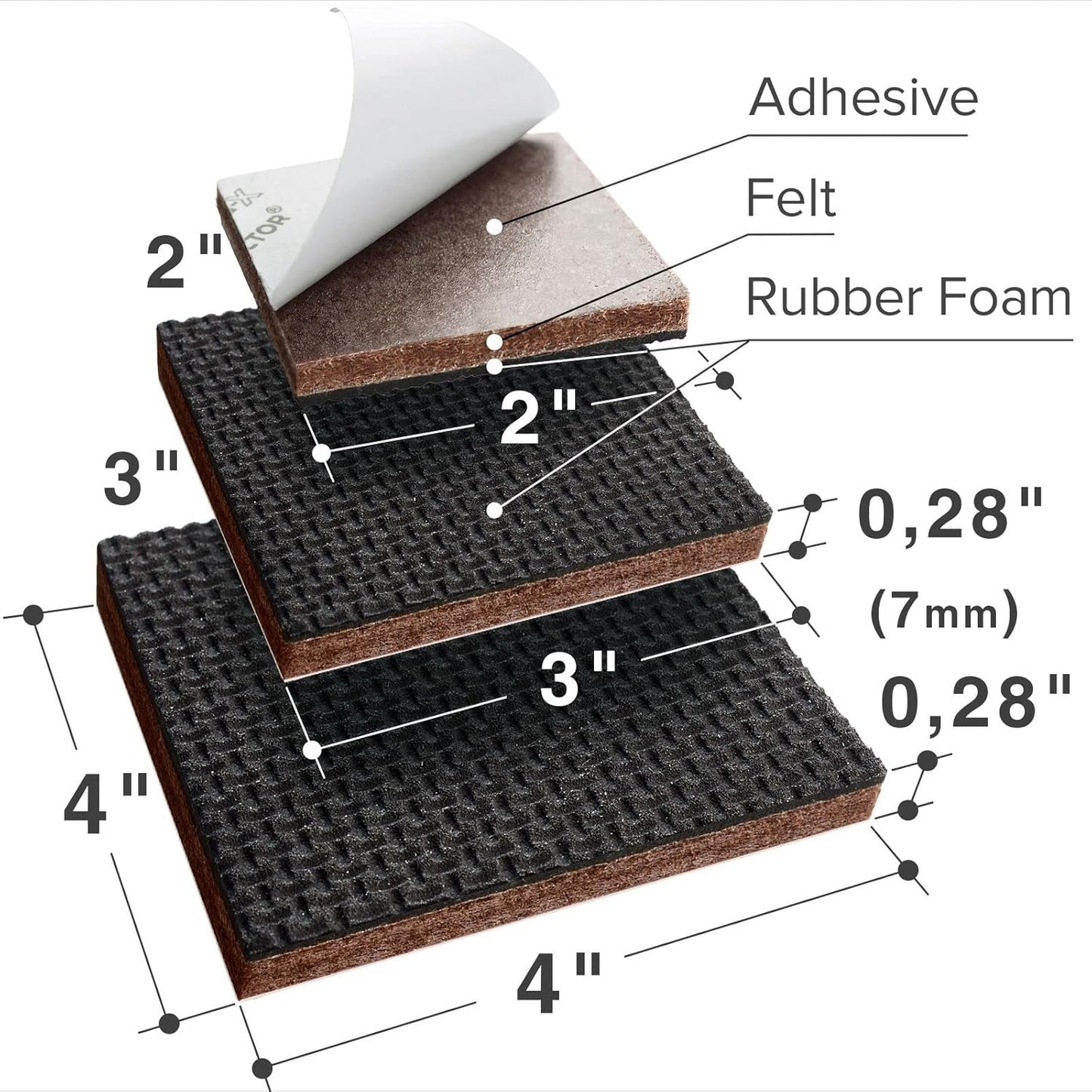 36-Pack X-PROTECTOR Non-Slip Furniture Pads - Self-Adhesive Rubber Grippers for Furniture Feet - Non-Skid Floor Protectors - 16 2", 12 3", 8 4" Pads