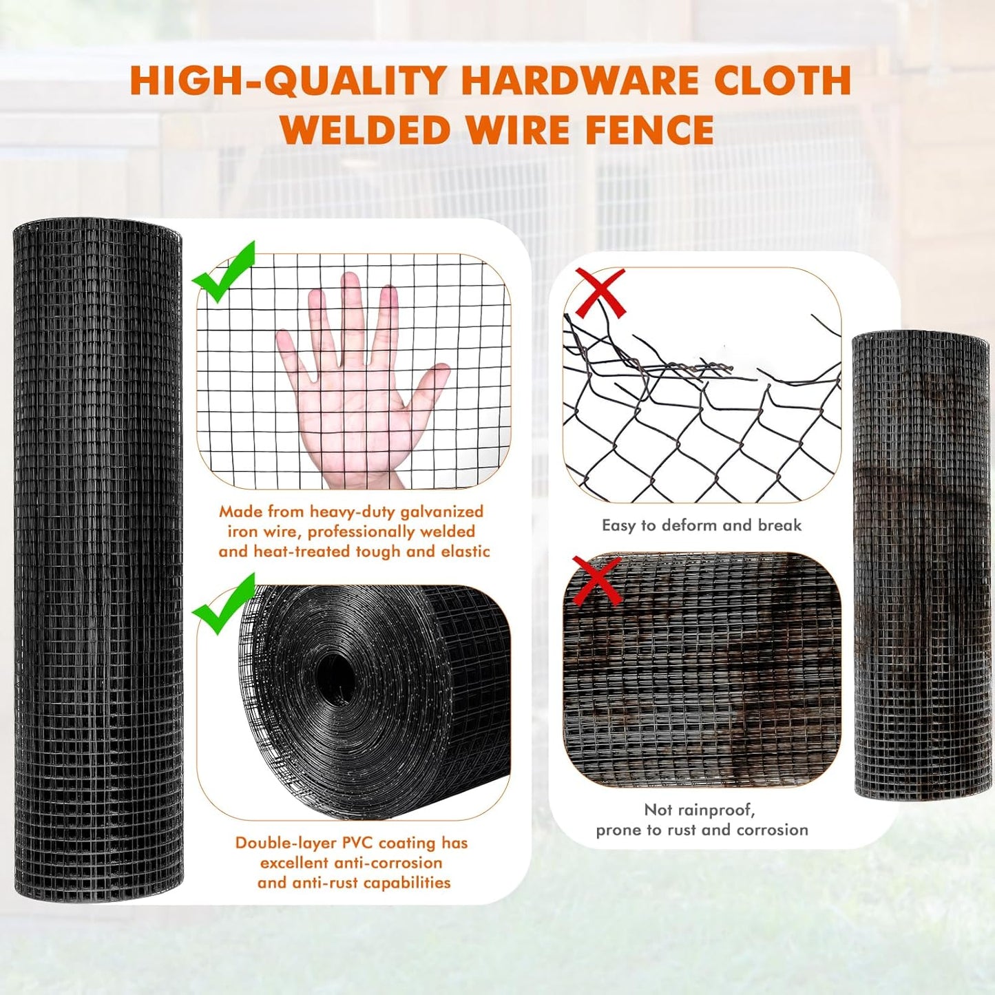 36 x 100 ft Black Vinyl Coated Hardware Cloth 1/2 inch Mesh Roll - 19 Gauge Galvanized Wire Metal Fencing for Poultry Cage and Home Projects