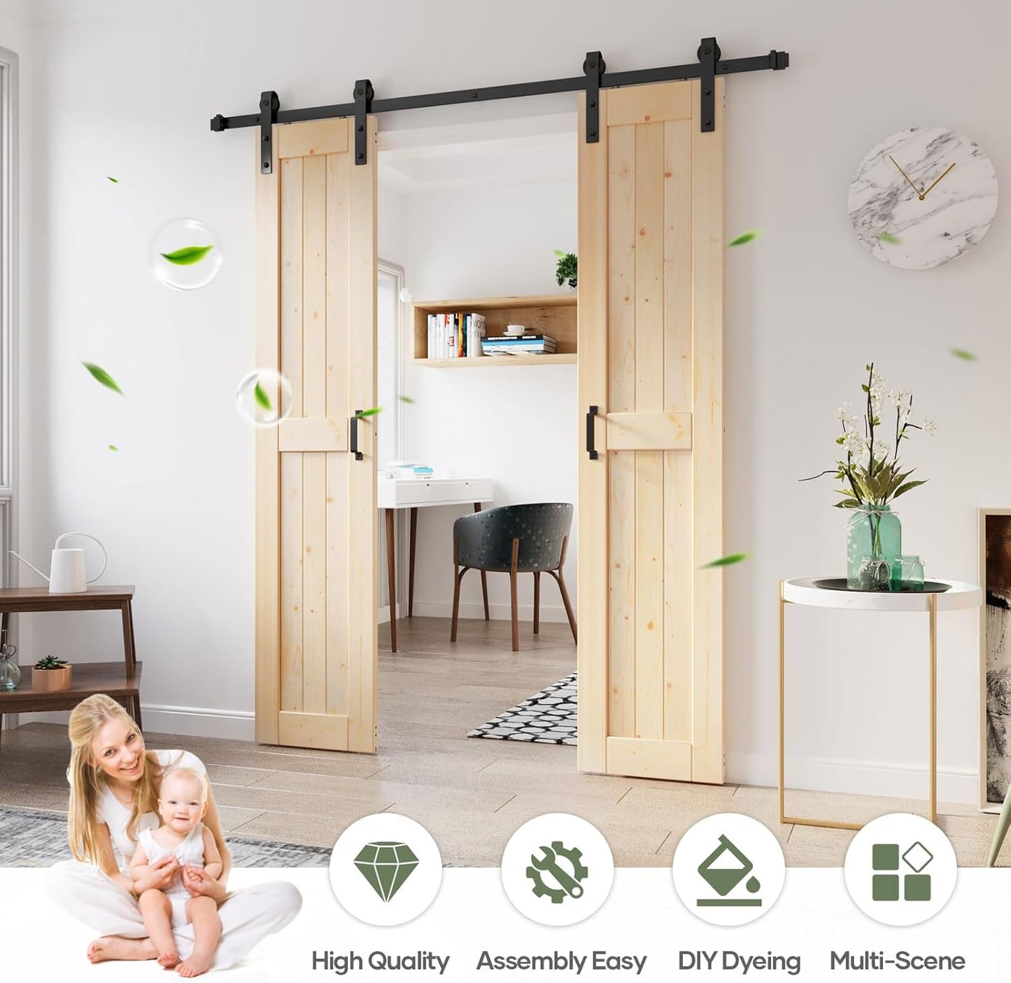 36x84 inch Double Sliding Barn Wood Door Slab with 6.6ft Hardware Kit - Easy DIY Assembly