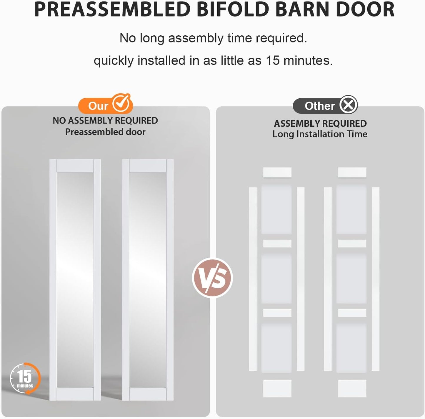 36x84 White Bifold Barn Door with Mirror Lites - Preassembled Double Closet Doors Kit for Living Room, Bathroom, Kitchen - PVC Material, 40" Track Included