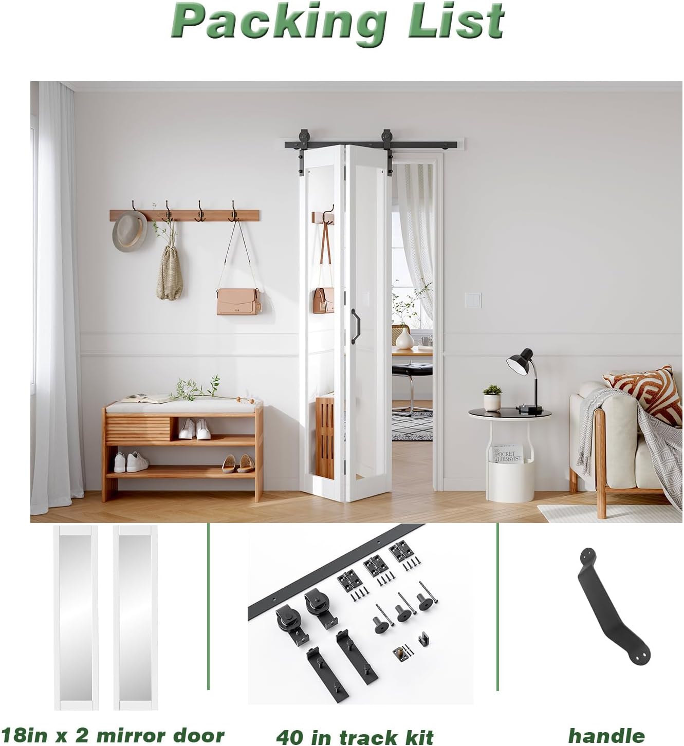 36x84 White Bifold Barn Door with Mirror Lites - Preassembled Double Closet Doors Kit for Living Room, Bathroom, Kitchen - PVC Material, 40" Track Included