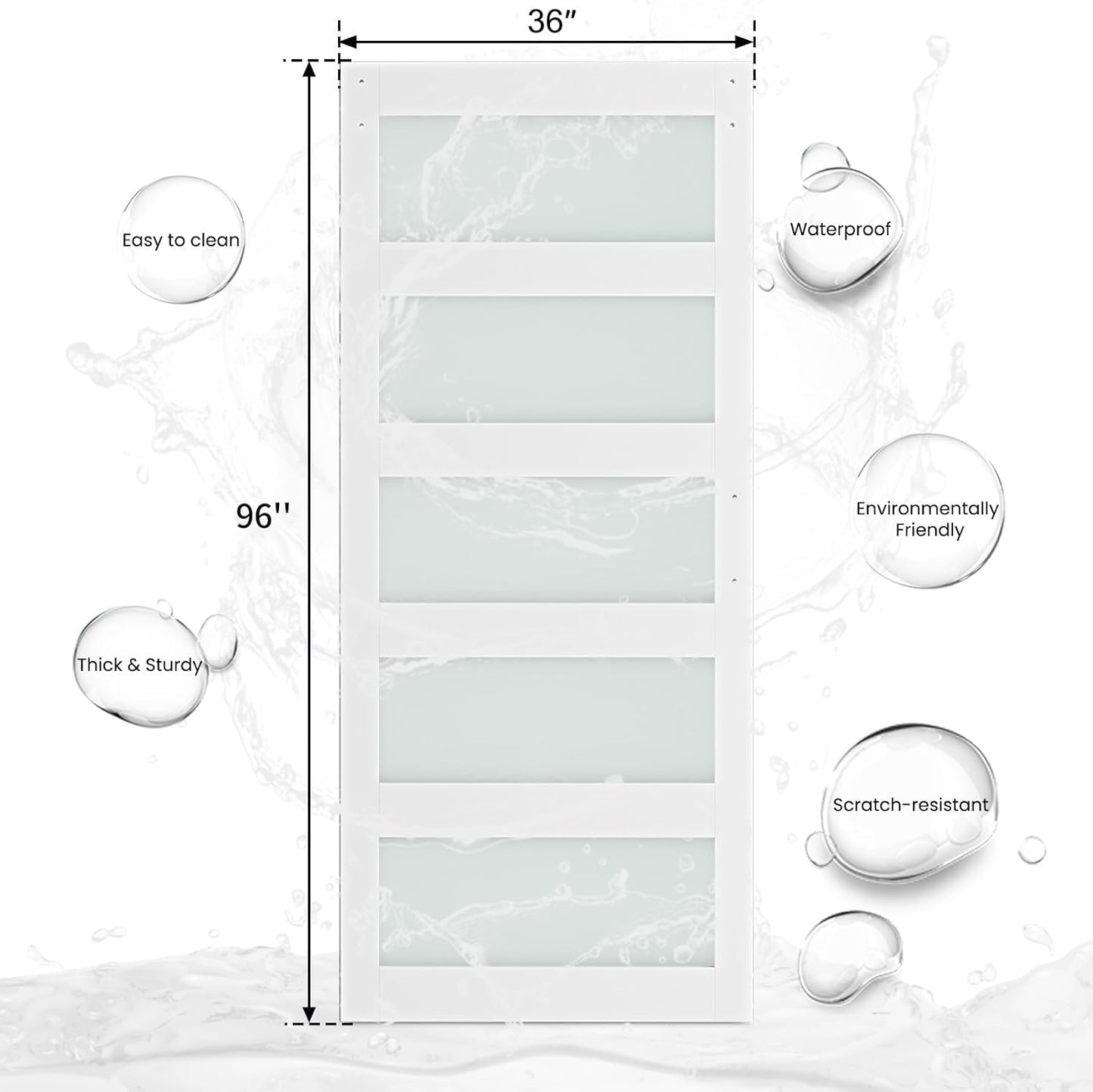 36x96 Glass Barn Door Kit with Sliding Hardware & Handle, Pre-Drilled, Waterproof White PVC, 5-Panel Glass - Ready to Assemble