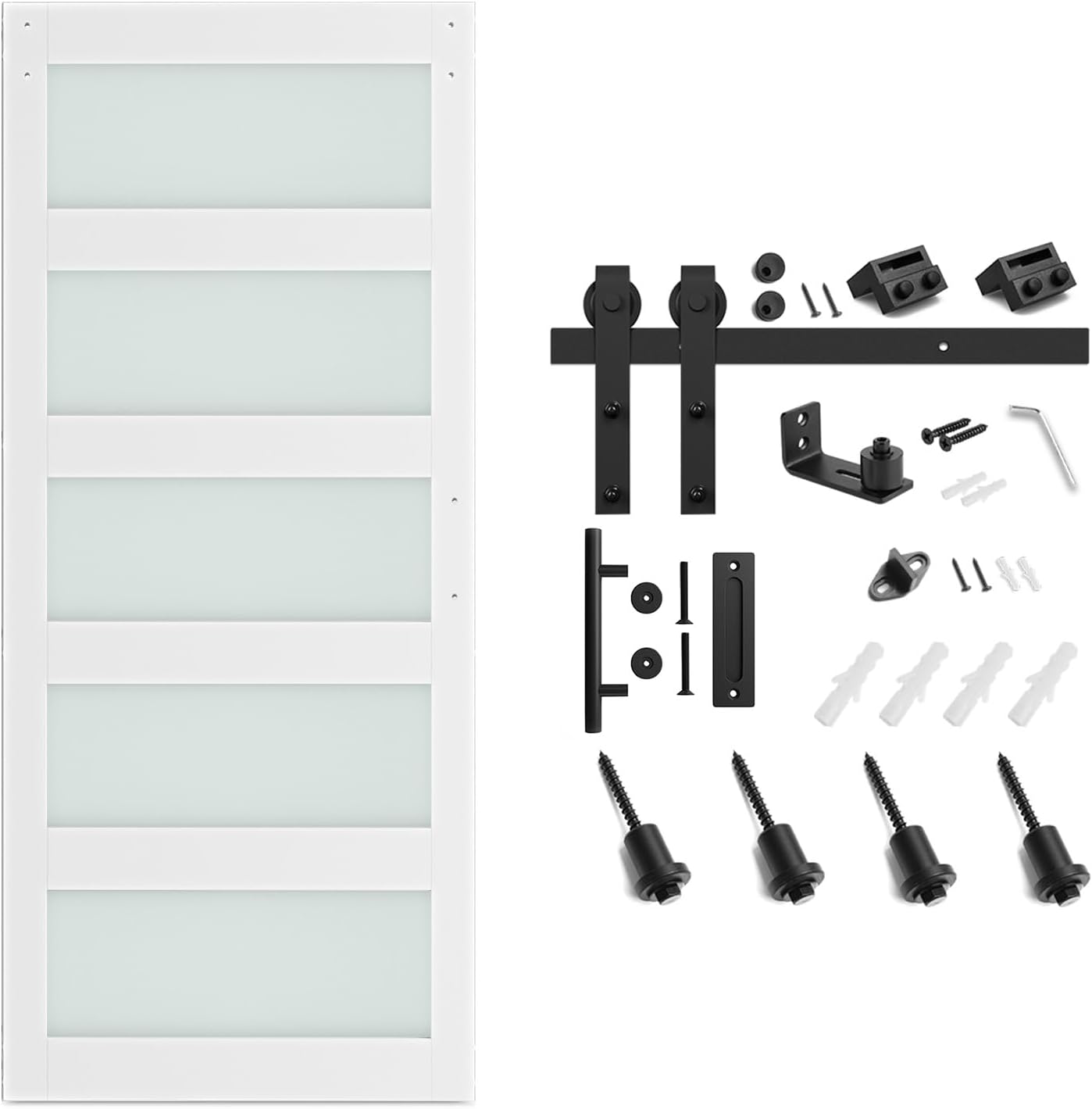 36x96 Glass Barn Door Kit with Sliding Hardware & Handle, Pre-Drilled, Waterproof White PVC, 5-Panel Glass - Ready to Assemble