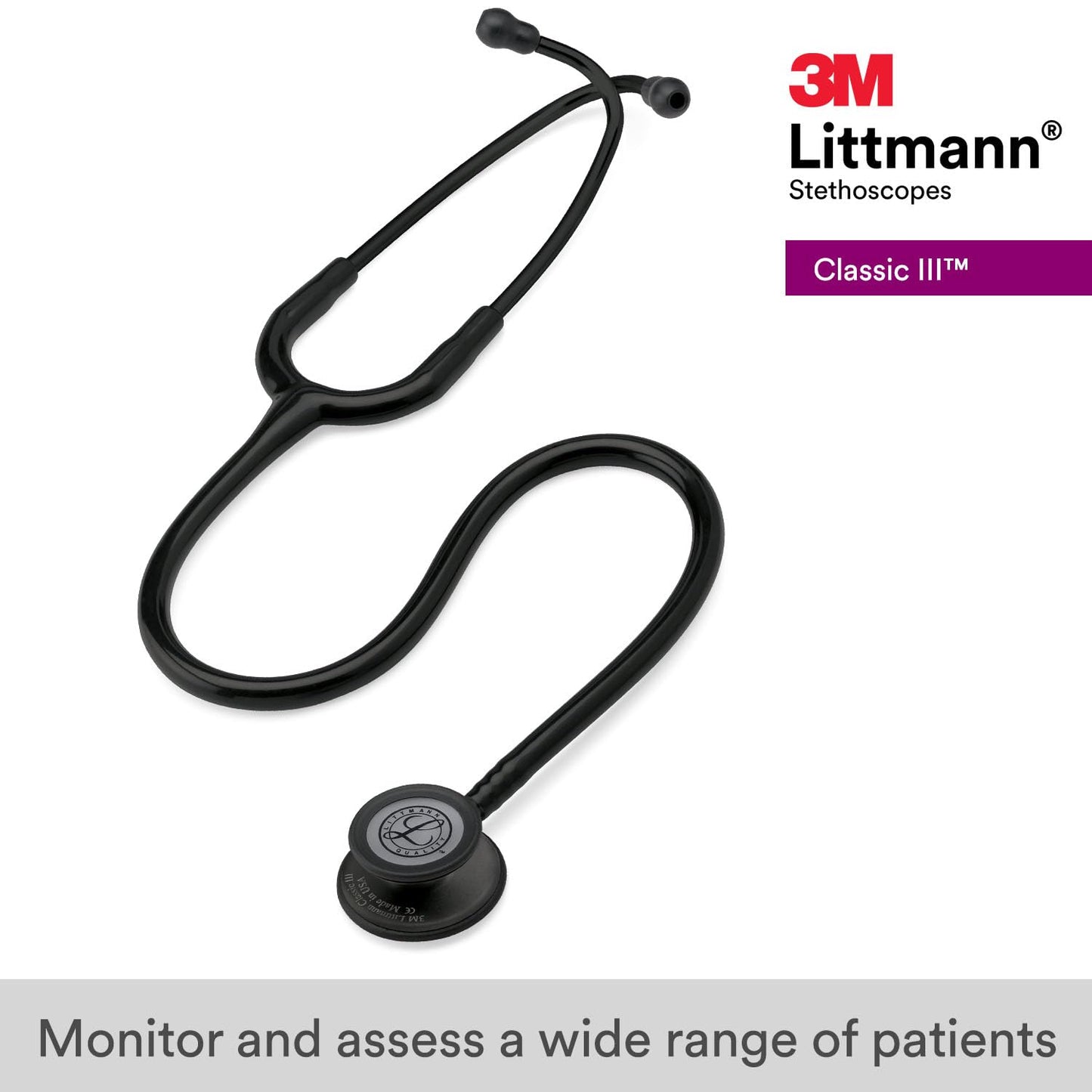 3M Littmann Classic III Stethoscope 5803, Stainless Steel Black-Finish Chestpiece, 27" Tube, Lightweight