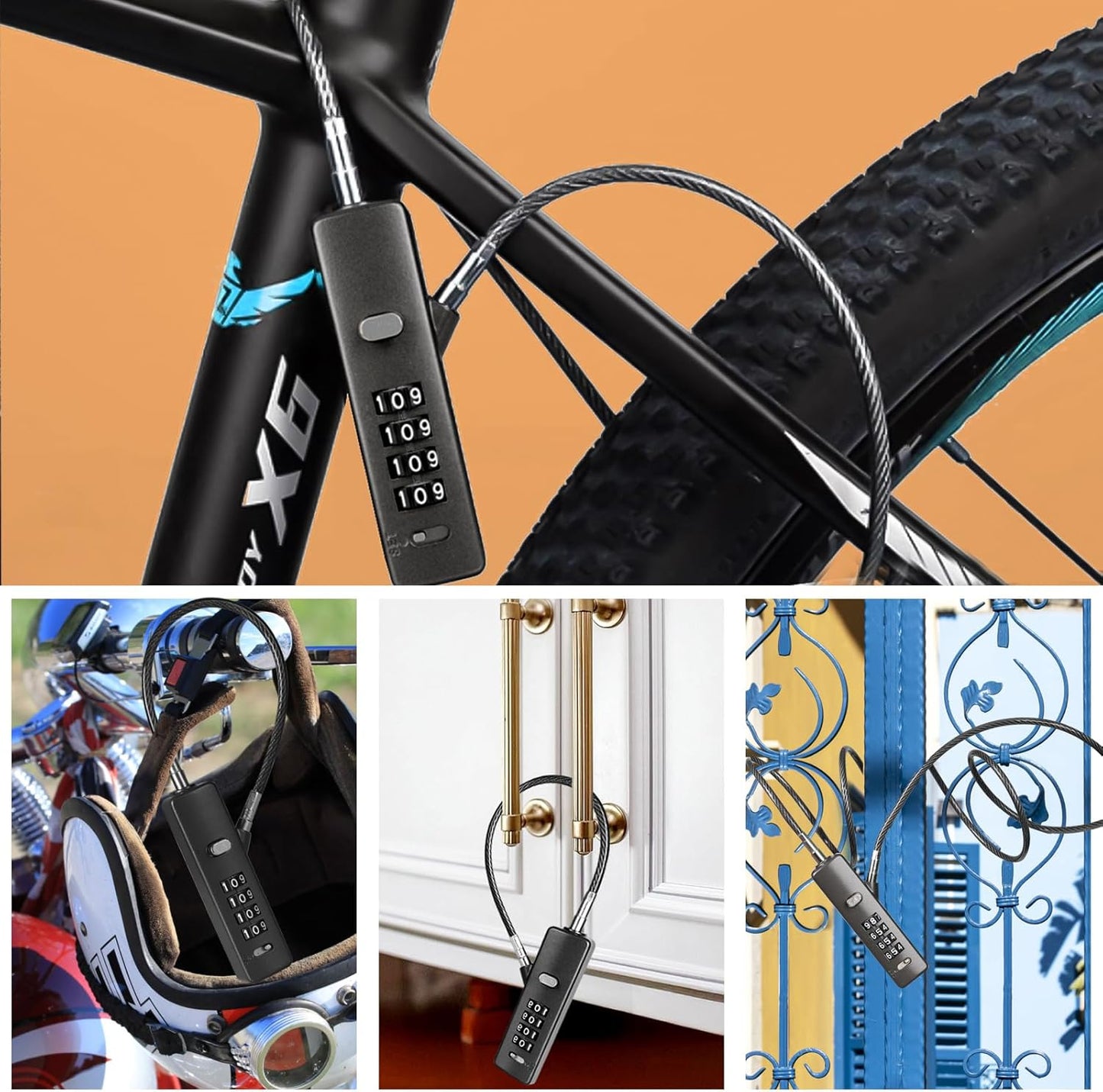 4-Digit Combination Cable Lock with 3 Lengths Steel Rope - Secure Luggage, Helmet, Gym Locker - Black