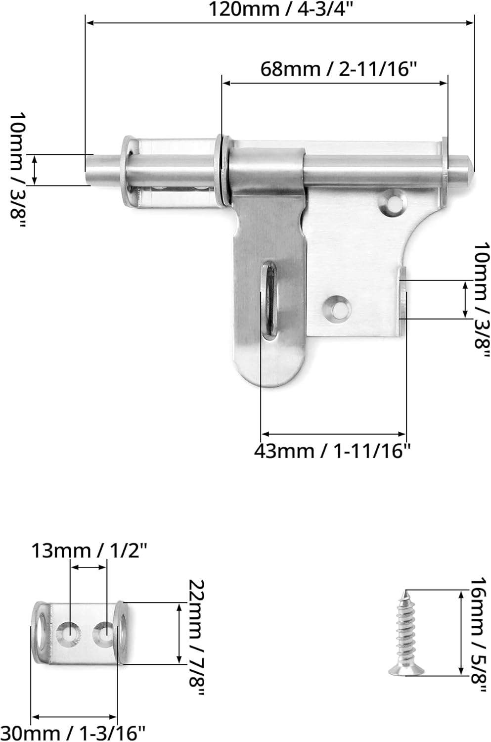 4" Heavy Duty Stainless Steel Sliding Bolt Lock Latch with Padlock for Wood Door Garden Shed Security