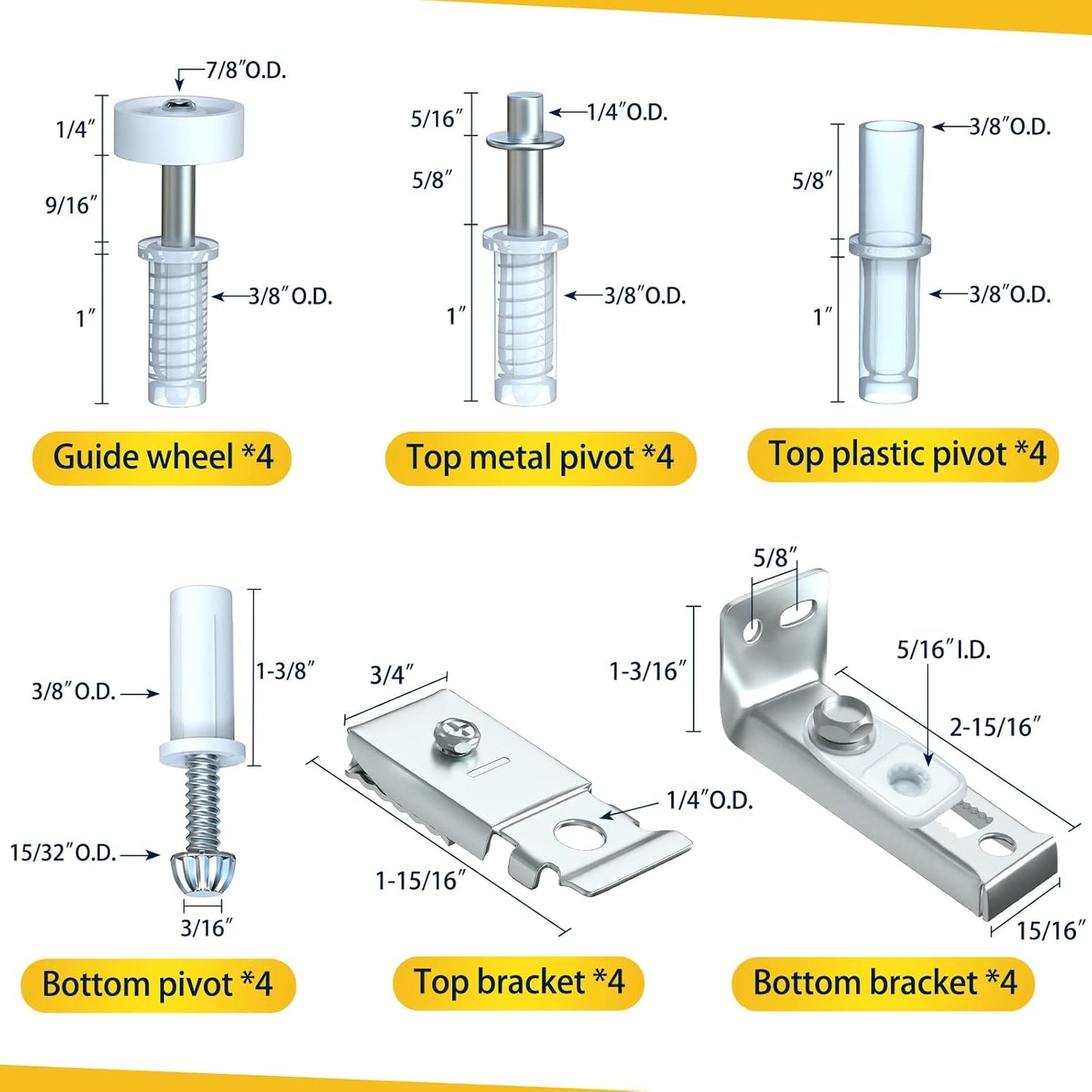 4 Pack Bi-fold Door Hardware Repair Kit for 24-72 inch Track Folding Doors - Includes Tops & Bottom Pivots, Bracket, Guide Wheel - Closet Door Replacement Parts for Accordian Pantry