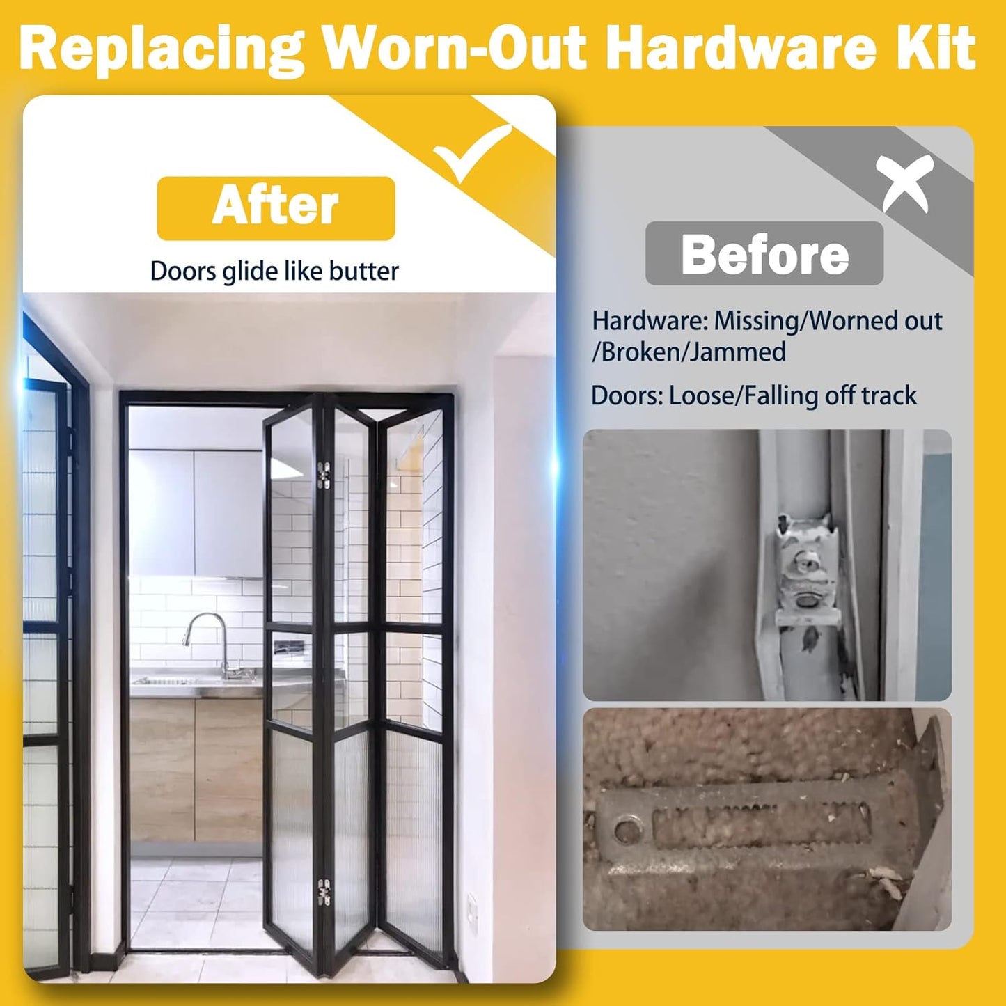 4 Pack Bi-fold Door Hardware Repair Kit for 24-72 inch Track Folding Doors - Includes Tops & Bottom Pivots, Bracket, Guide Wheel - Closet Door Replacement Parts for Accordian Pantry