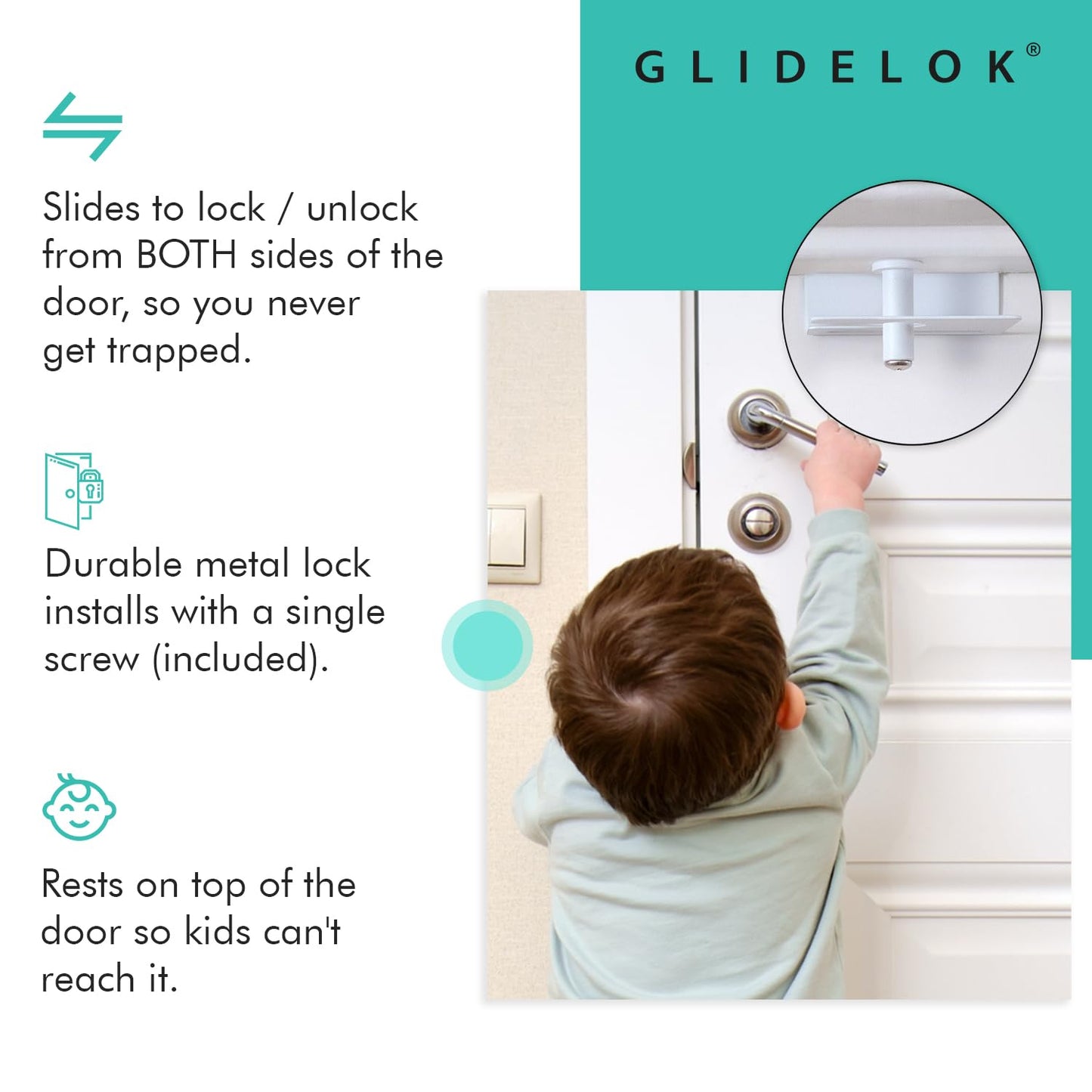 4 Pack GlideLok Child Safety Door Top Lock - Interior & Exterior Metal Access Lock - Dual-Sided Child Proof Lock