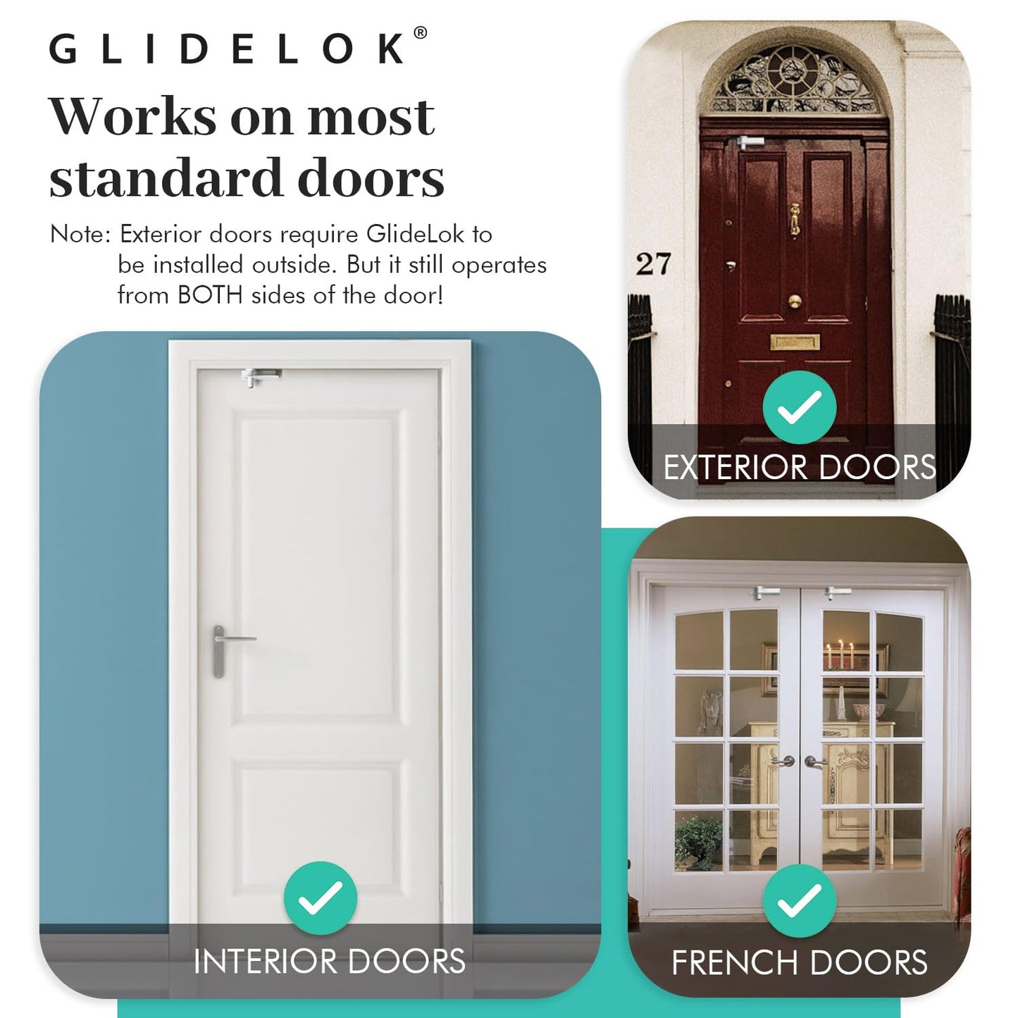 4 Pack GlideLok Child Safety Door Top Lock - Interior & Exterior Metal Access Lock - Dual-Sided Child Proof Lock