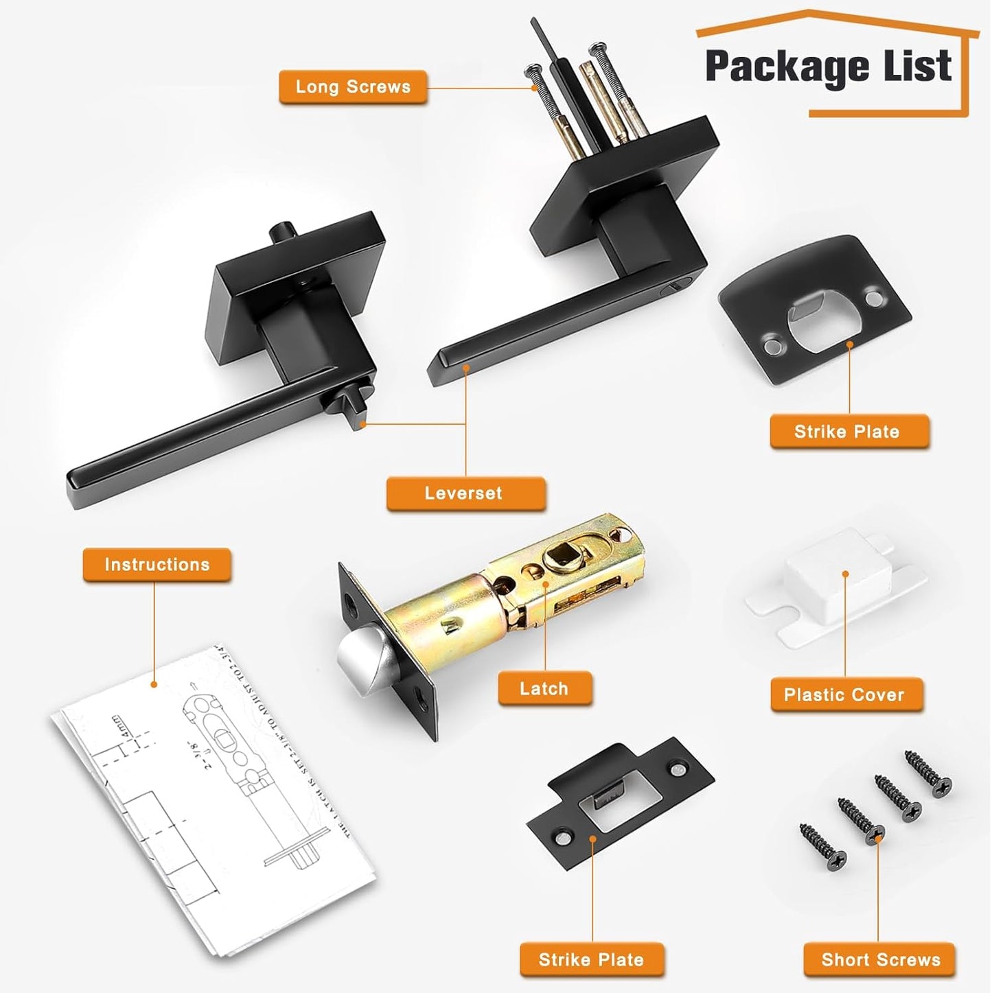 4 Pack Probrico Matte Black Square Privacy Door Levers for Bed Bath, Heavy Duty Interior Keyless Locks - Left/Right Sided Doors