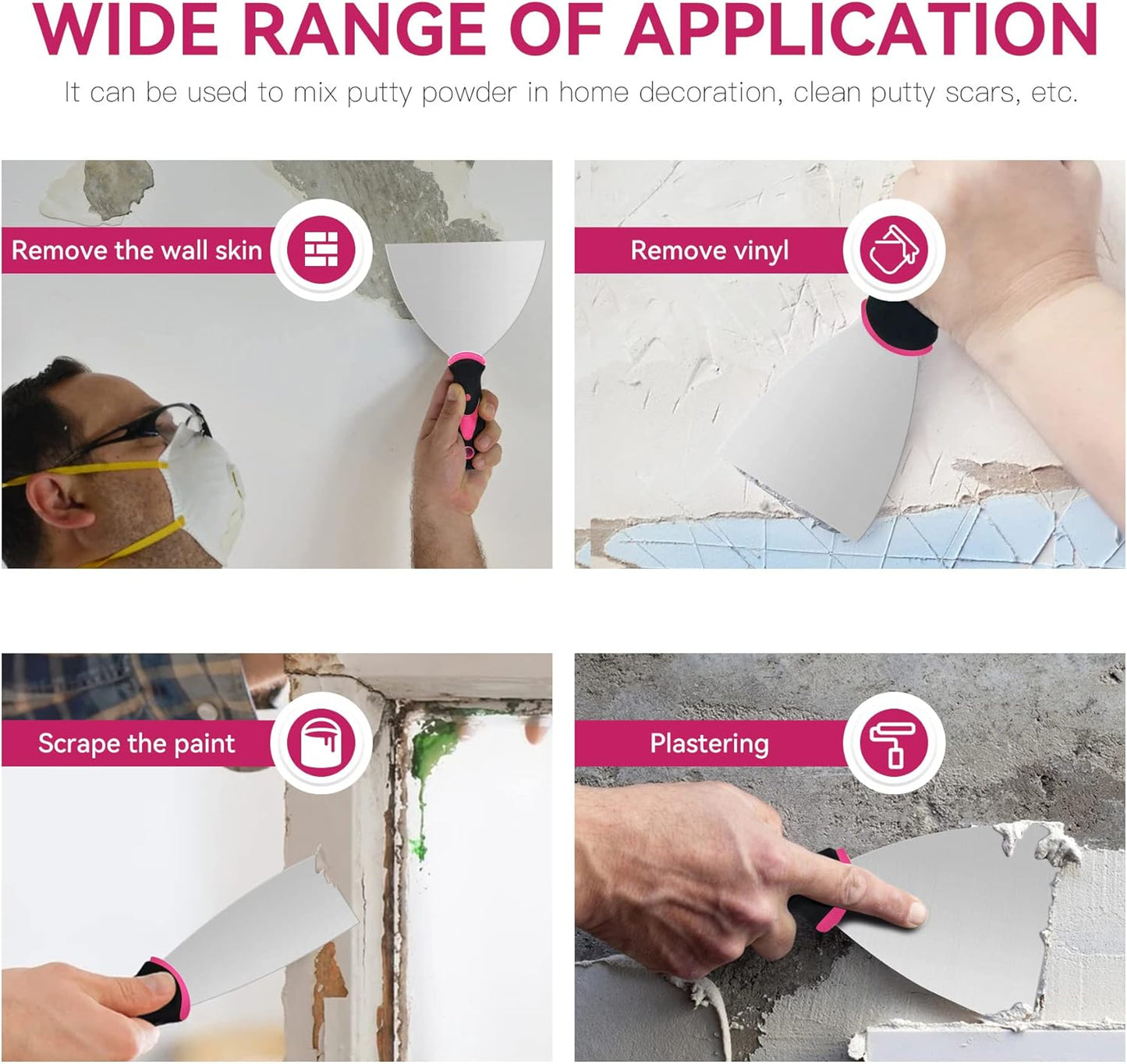 4-Piece Stainless Steel Putty Knife Set with Plastic Handle - Paint Scraper for Cleaning, Decorating, DIY - DEKEones - Pink