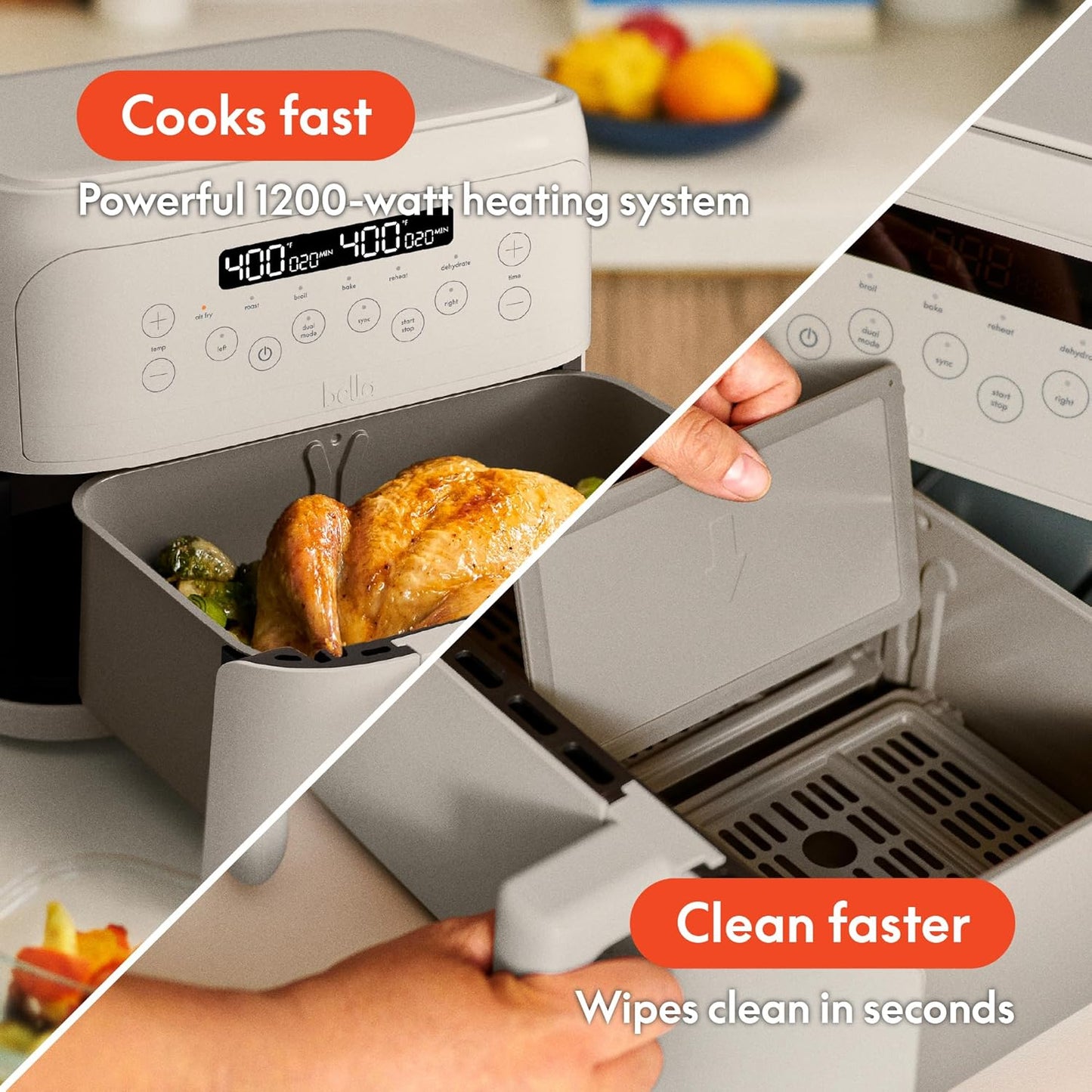4 Quart Bella TriZone Air Fryer with EverGood™ Ceramic Nonstick Coating, Dual Basket Design, Digital Touchscreen Control, 6 Preset Cooking Options, 1200W, 3lb Capacity - Oatmilk Color