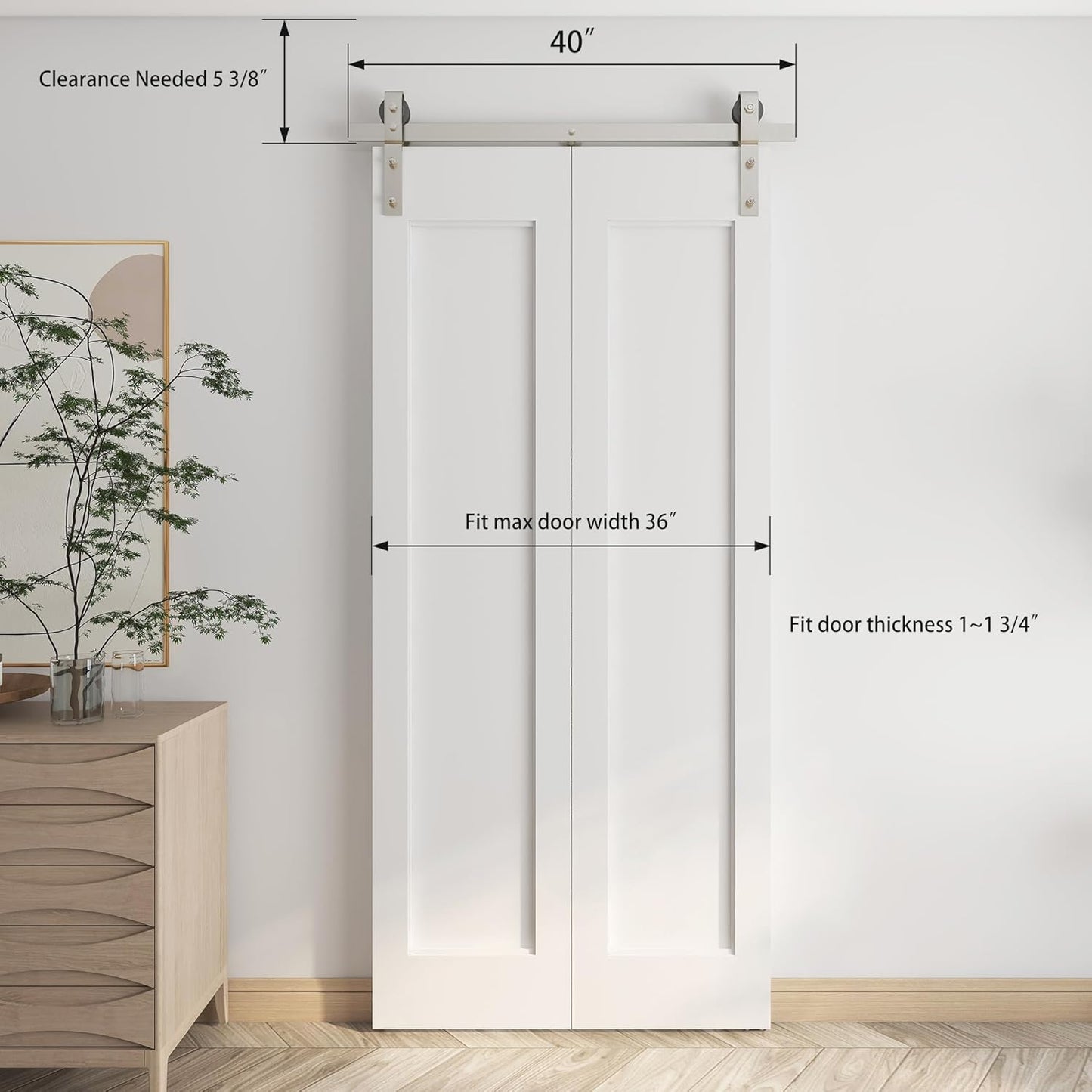 40'' Bi-Fold Sliding Barn Door Hardware Track Kit for Two 18'' Doors - Side Mount Installation, Heavy Duty Roller - Brushed Nickel