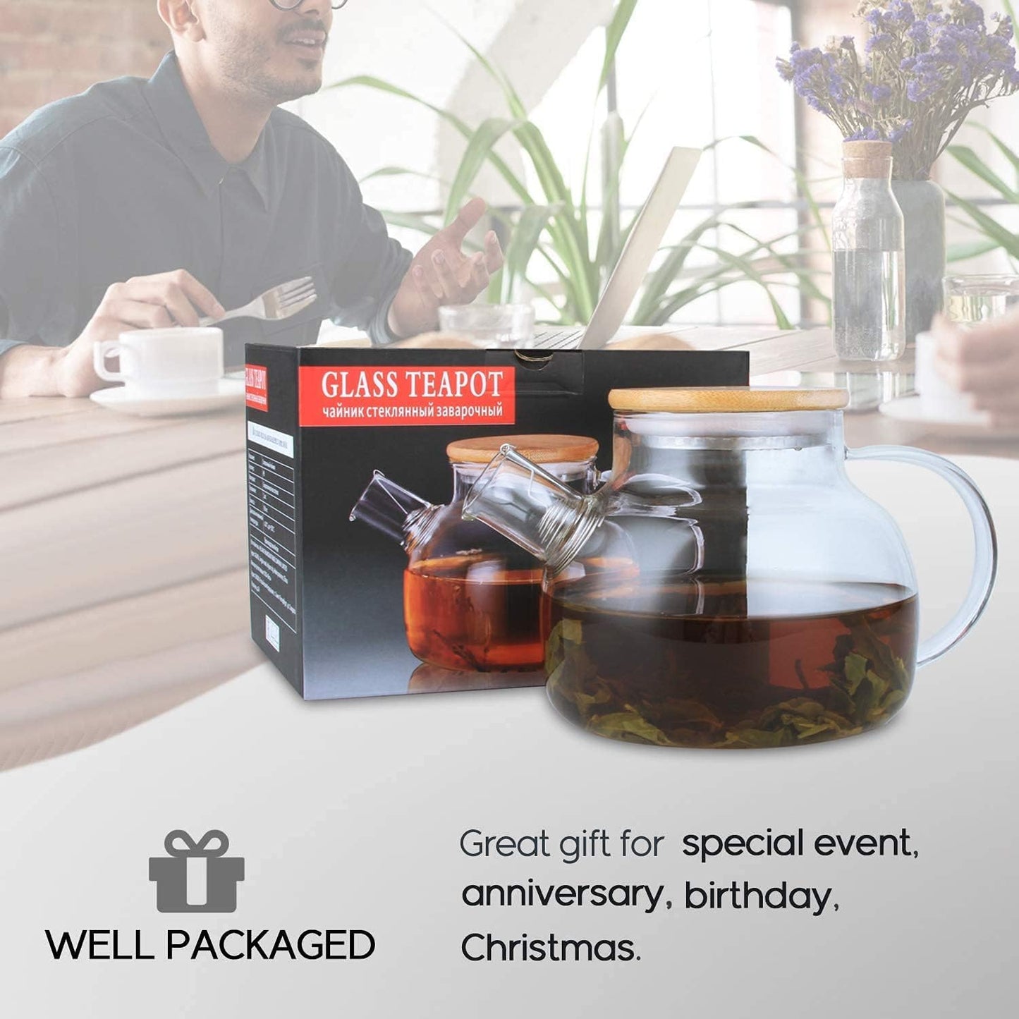 40.6oz Clear Glass Teapot with Removable Filter Spout for Stovetop - Perfect for Loose Leaf and Blooming Tea Making