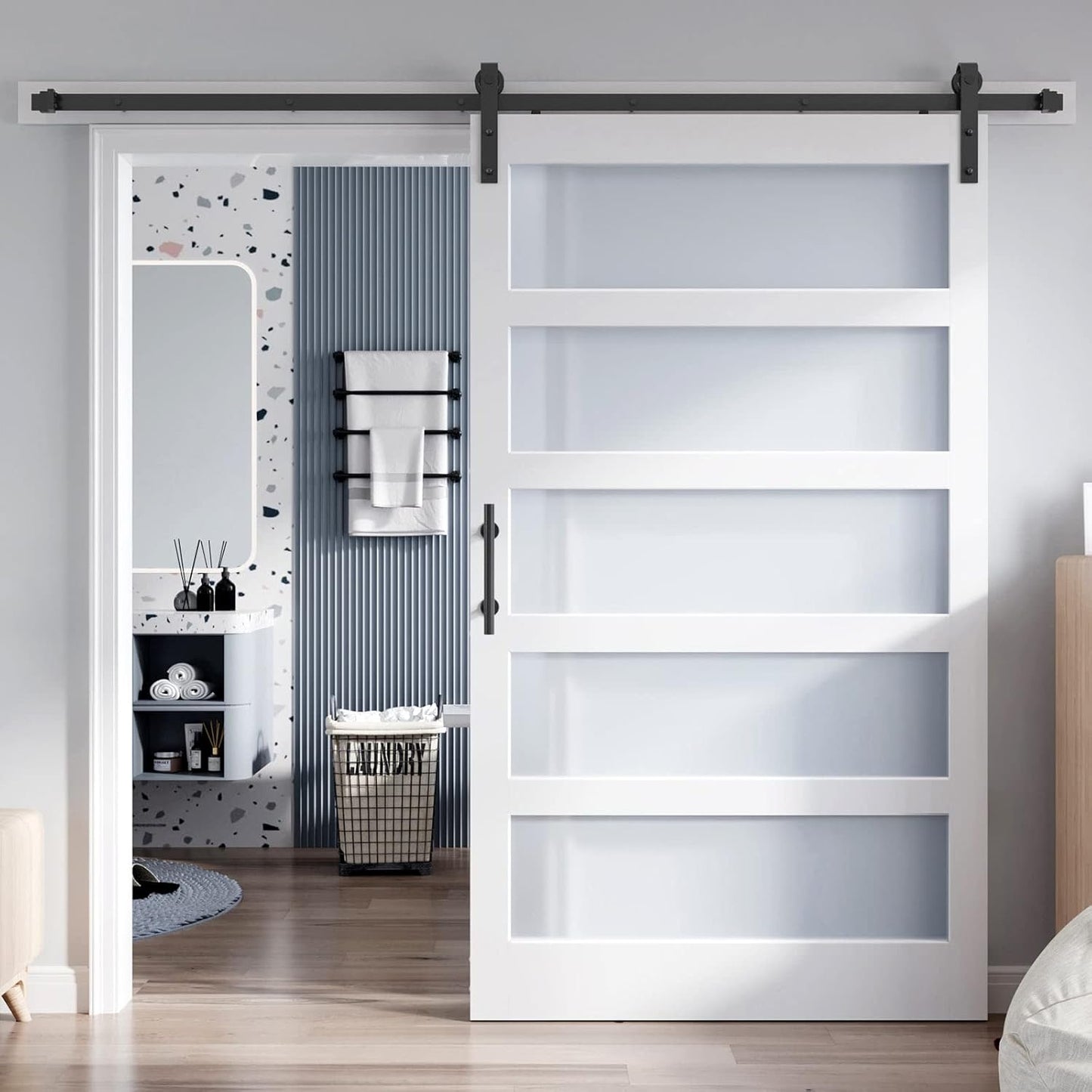 48x84 Inch Frosted Glass Sliding Barn Door with 8ft Hardware Kit - DIY Assembly, Waterproof PVC Surface
