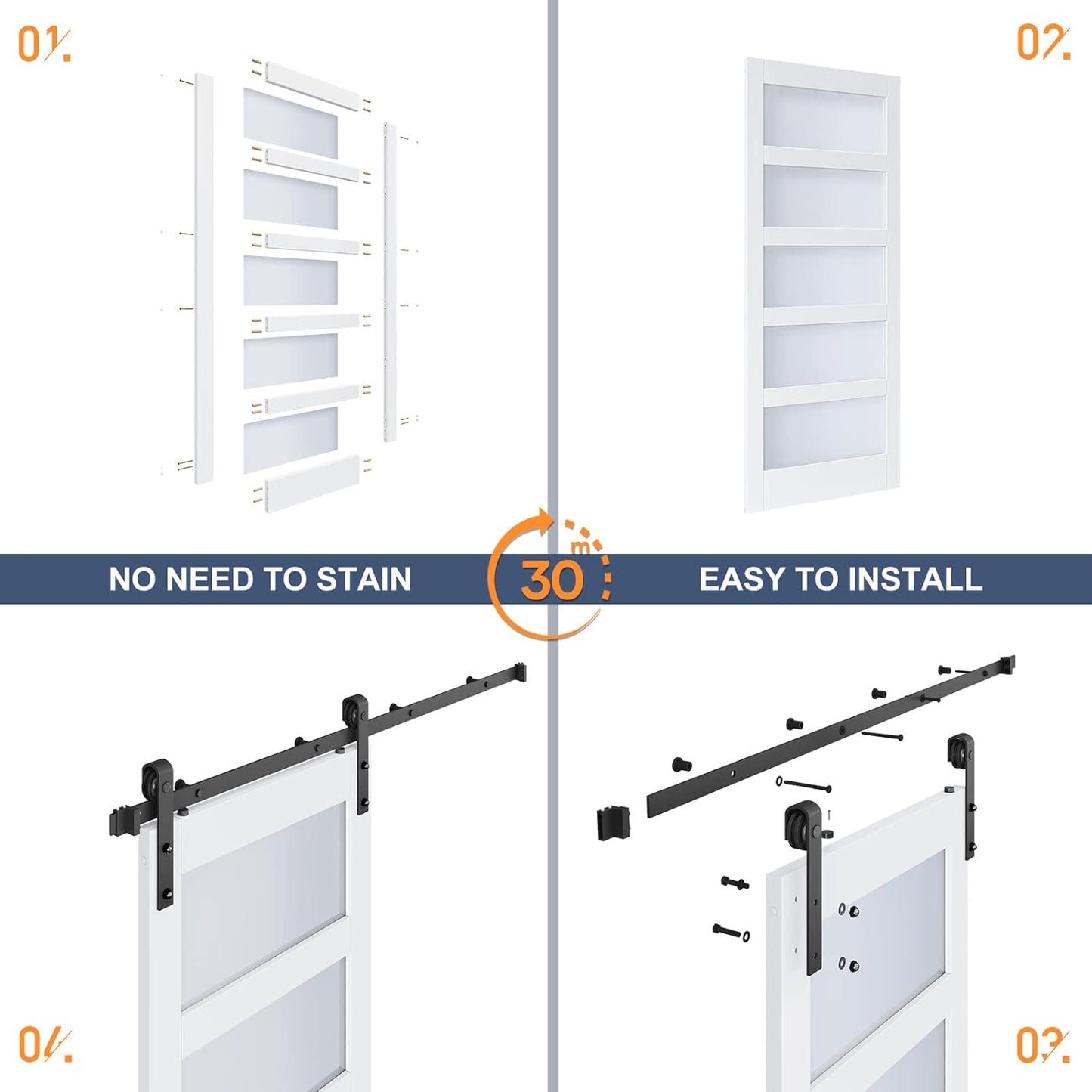 48x84 Inch Frosted Glass Sliding Barn Door with 8ft Hardware Kit - DIY Assembly, Waterproof PVC Surface