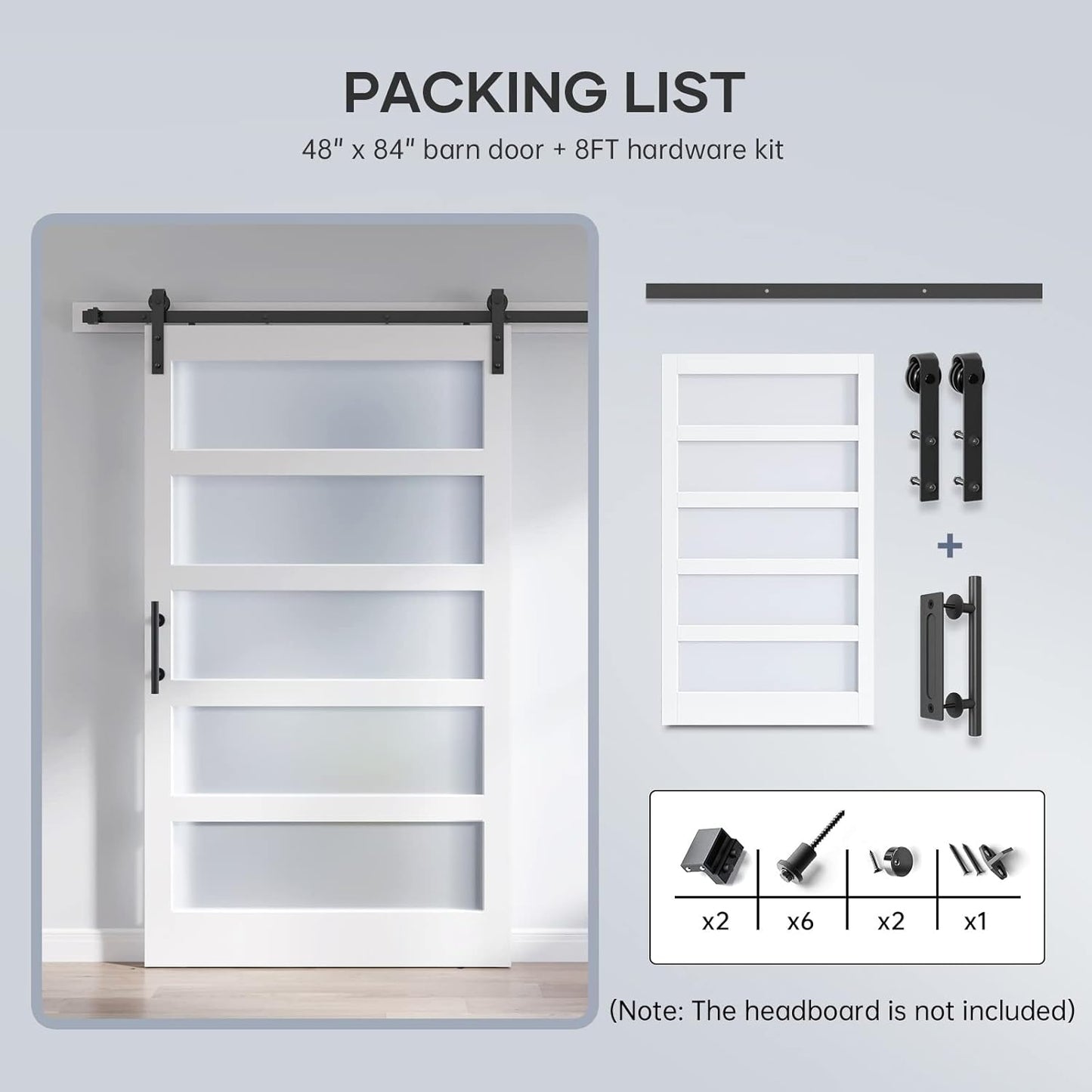48x84 Inch Frosted Glass Sliding Barn Door with 8ft Hardware Kit - DIY Assembly, Waterproof PVC Surface