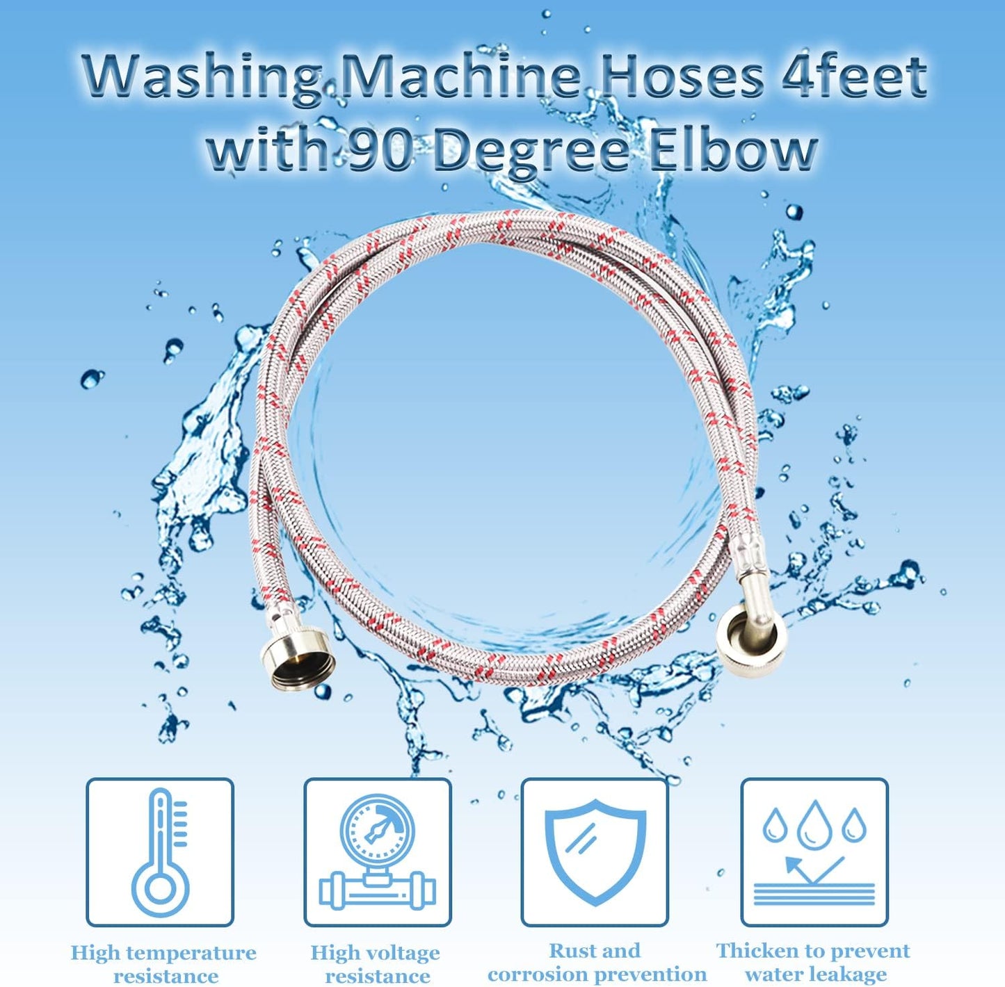 4ft Stainless Steel Washing Machine Hoses with 90 Degree Elbow - Burst Proof by Cenipar