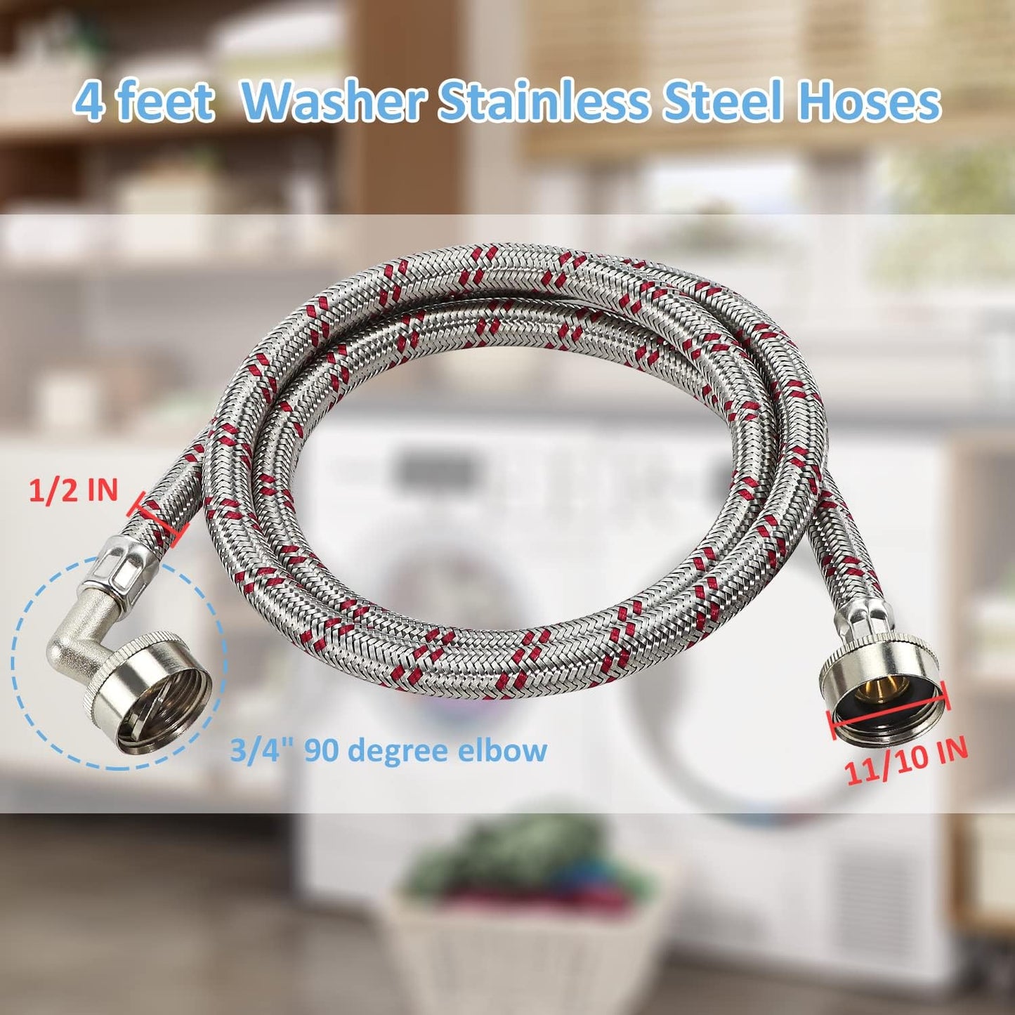 4ft Stainless Steel Washing Machine Hoses with 90 Degree Elbow - Burst Proof by Cenipar